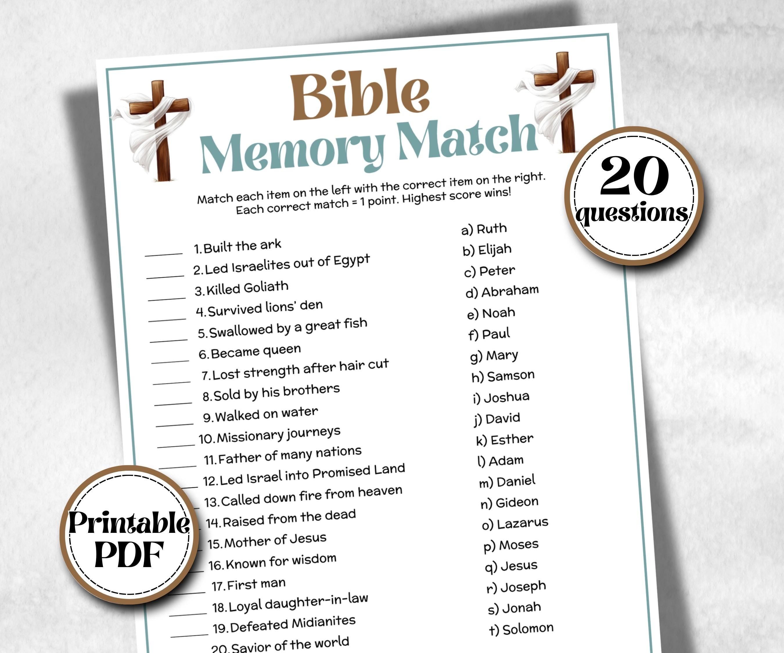 Bible Memory Match Trivia, Sunday School, Bible Study riddles, Holiday Party Games, Bible Camp, womens retreat group, preschool curriculum