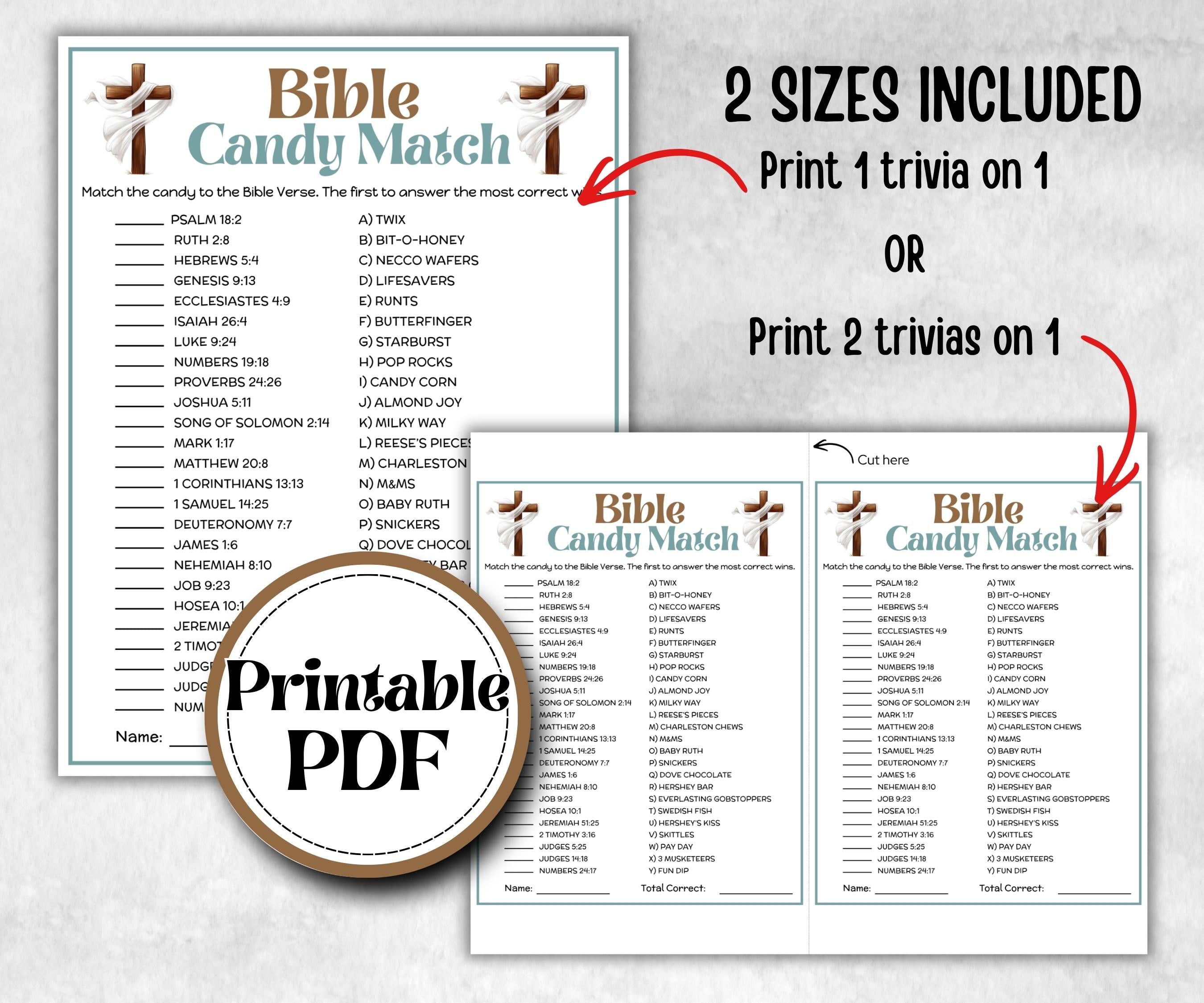 Bible Candy Match Trivia, Bible Study riddles, Holiday Bible Camp, womens retreat group, New Testament, Old Testament, Preschool Curriculum
