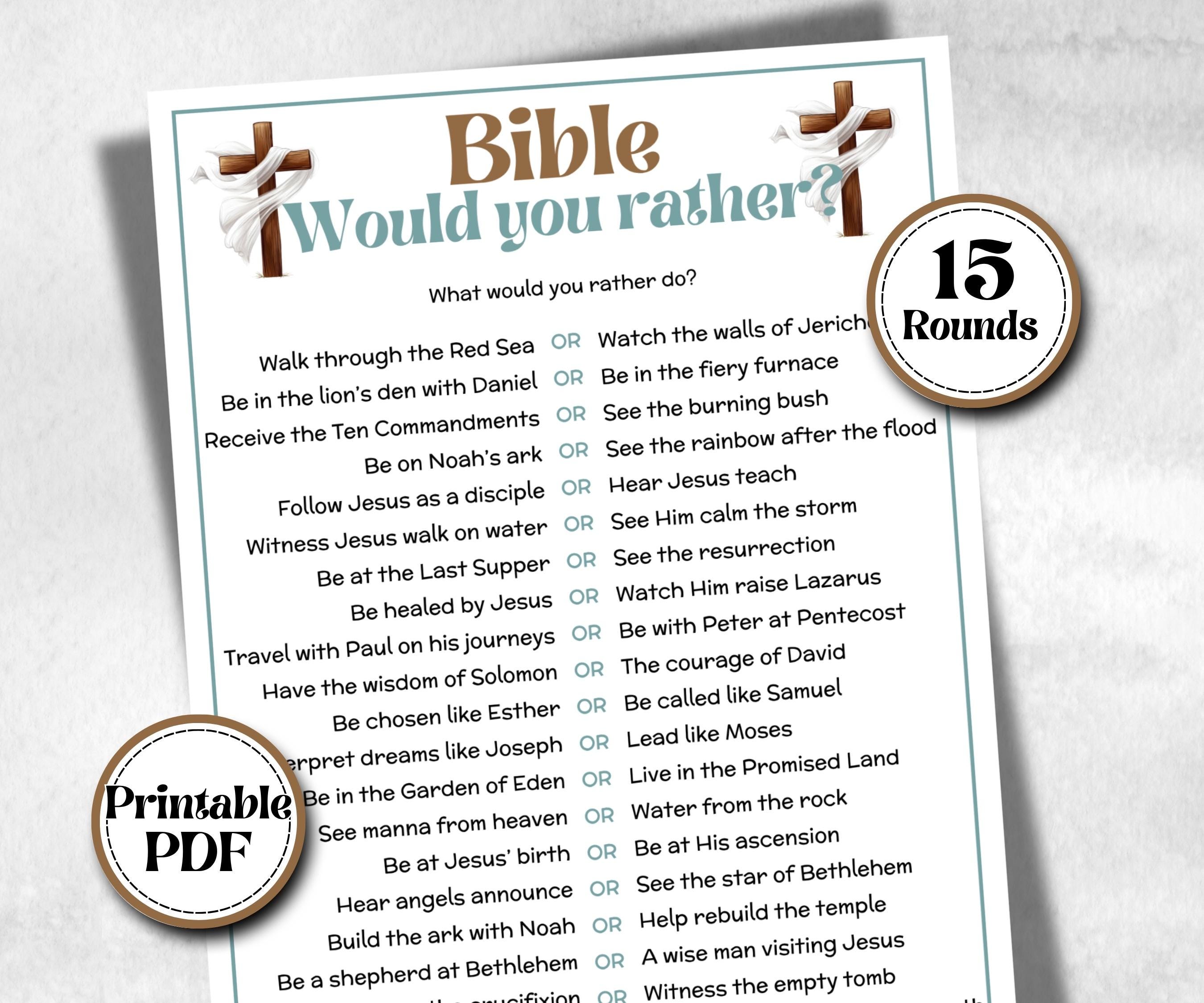 Bible Would You Rather, Bible Study riddle, Holiday Bible Camp, womens retreat group, This or That Family Game Night party, teen bible games