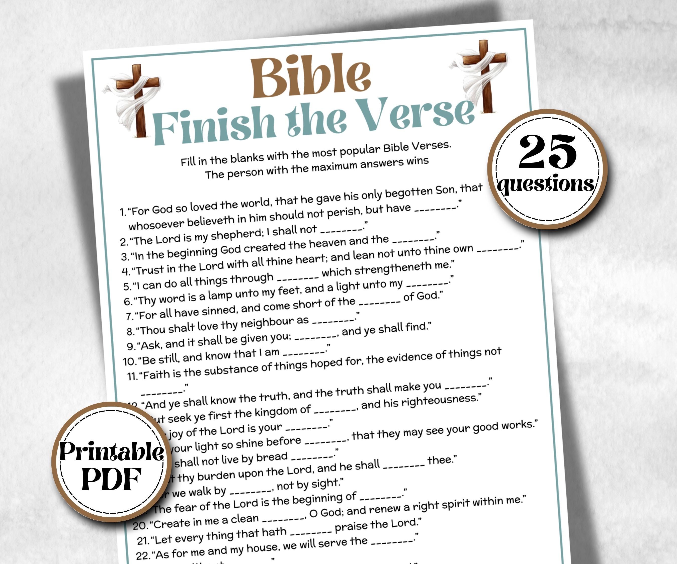 Finish the Verse Trivia, Bible Study riddle, Holiday Bible Camp, womens retreat group, New Testament, Old Testament, Family Game Night party