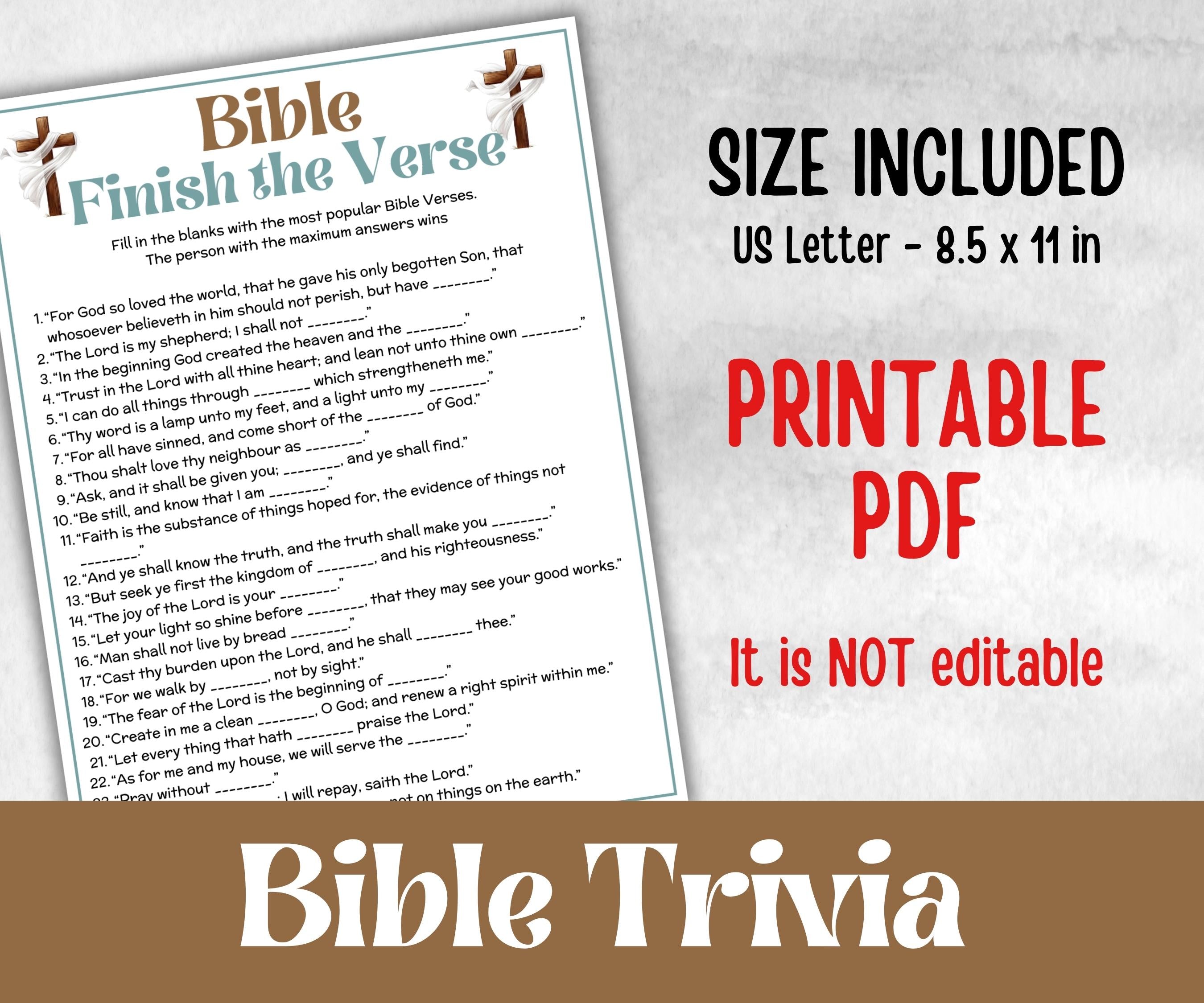 Finish the Verse Trivia, Bible Study riddle, Holiday Bible Camp, womens retreat group, New Testament, Old Testament, Family Game Night party