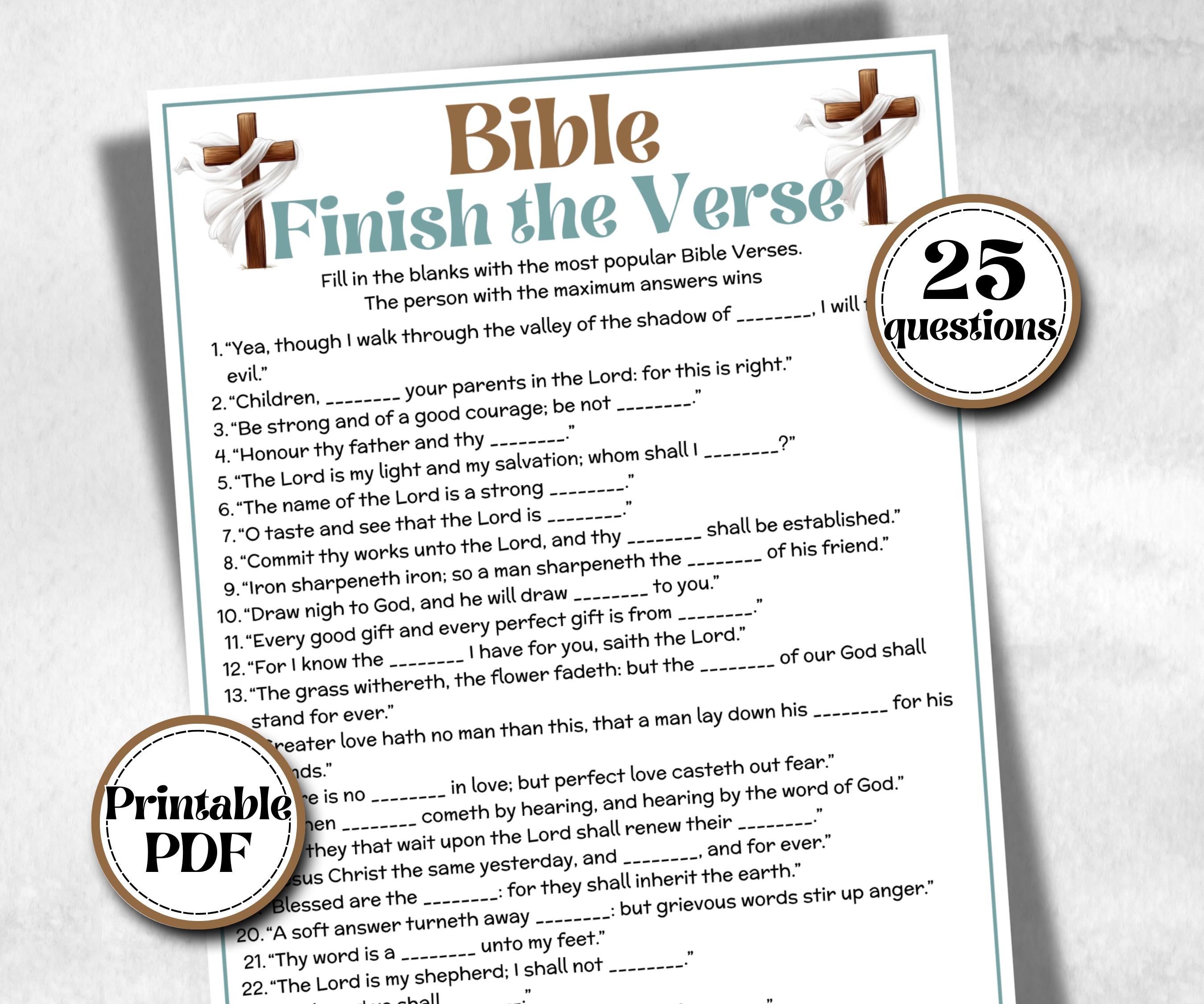 Bible Finish the Verse, Bible Study riddle, Holiday Bible Camp, womens retreat group, New Testament, Old Testament, Family Game Night party