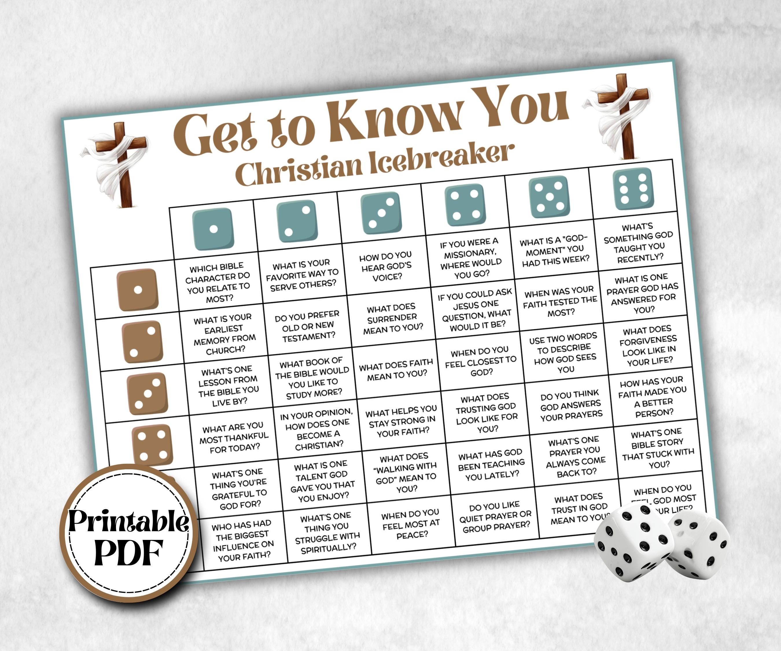 Bible Get to know you, roll the dice, roll and tell, mix and mingle, family reunion, team building, all about me bible, gratitude fun game