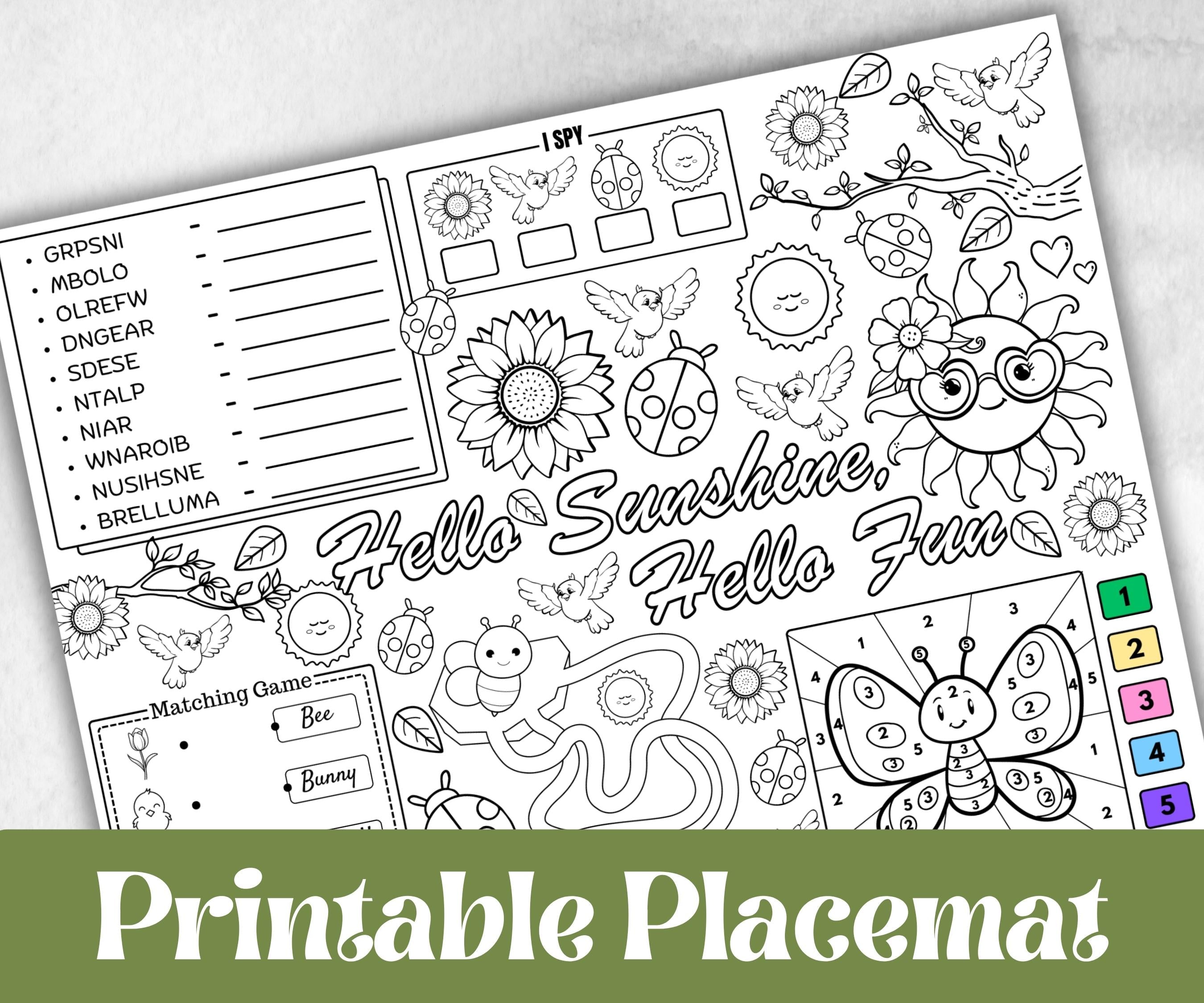 Spring coloring Placemats, Daycare Printable, kids activity sheets, spring sleepover party, spring Tea Party, Homeschool Easter Activity