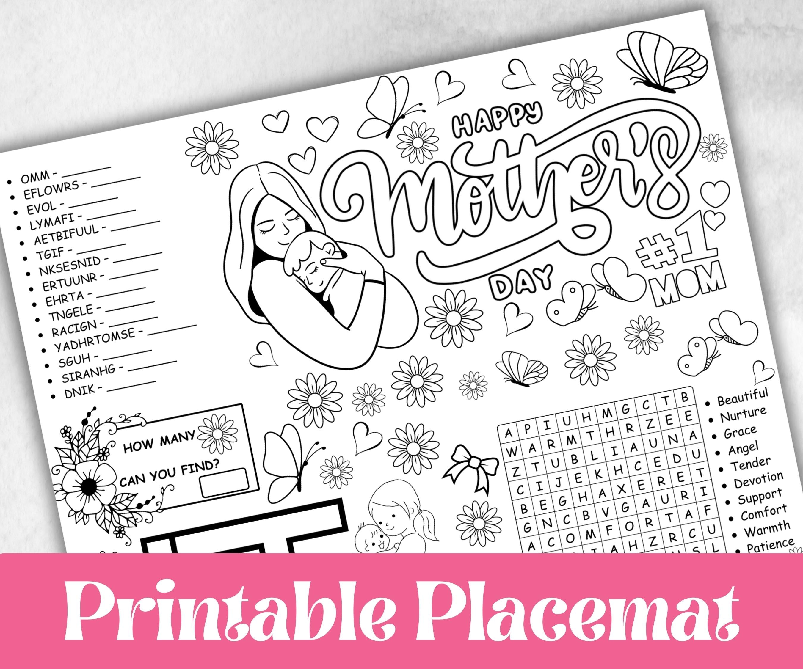 Mothers Day coloring Placemats, Daycare Printable, kids activity sheets, Mom Keepsake, Tea Party, Personalised Gift, Happy Mothers Day print