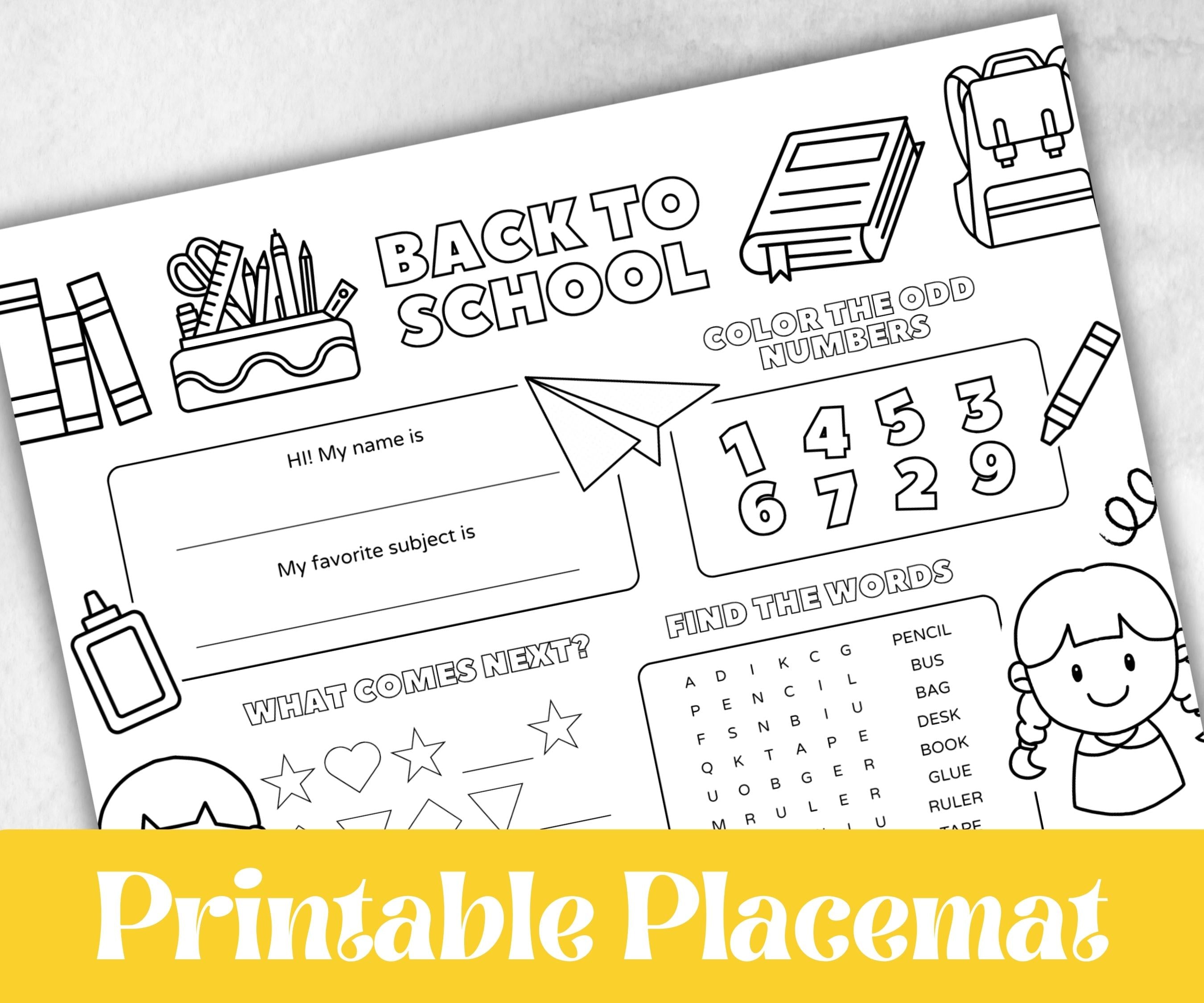 Back to School coloring Placemats, Daycare Printable, kids activity sheet, homeschool, educational Quiz, return to school, 1st day of school