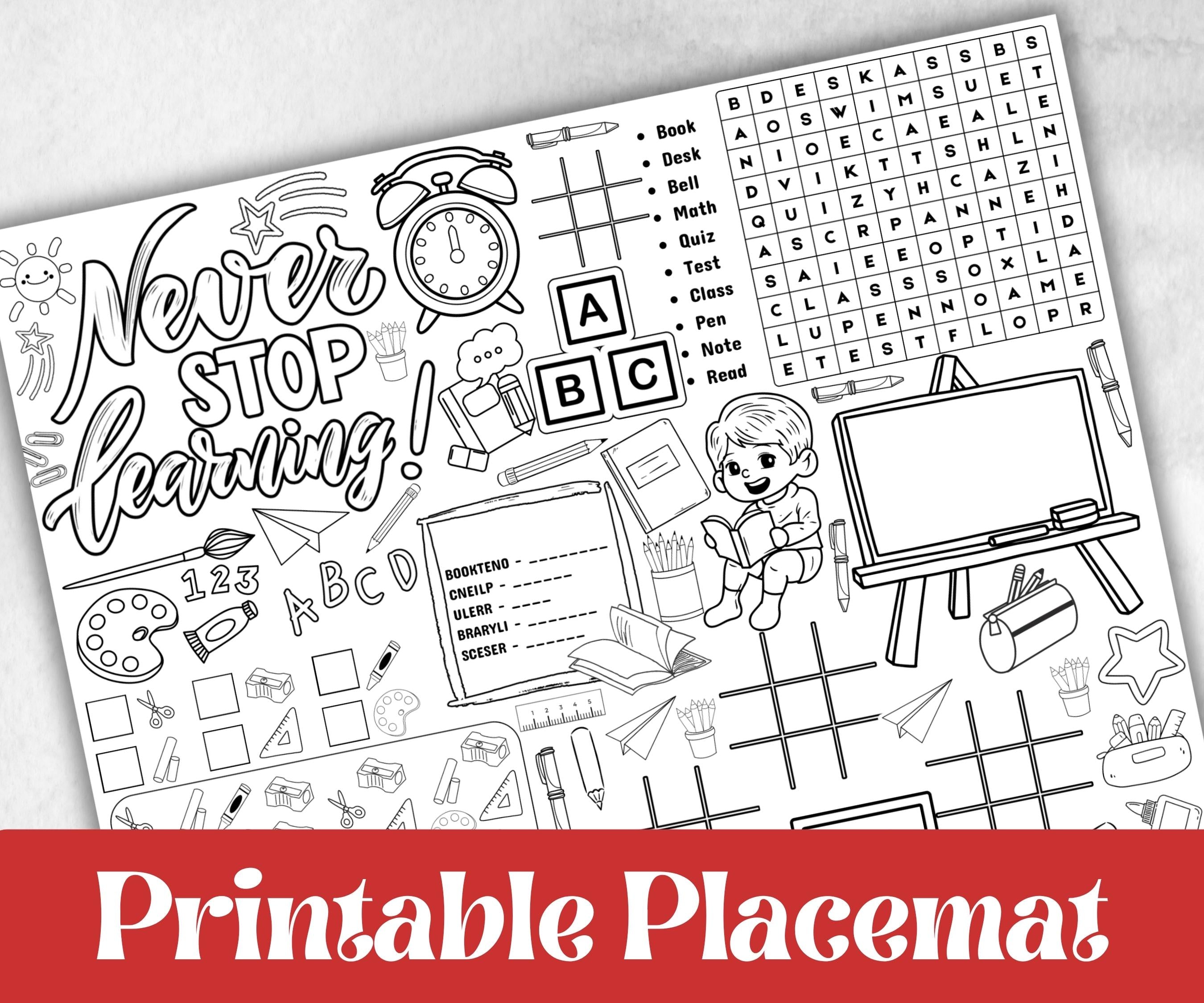 Back to School Placemats, Daycare coloring Printable, kids activity sheet, homeschool, educational Quiz, return to school, 1st day of school