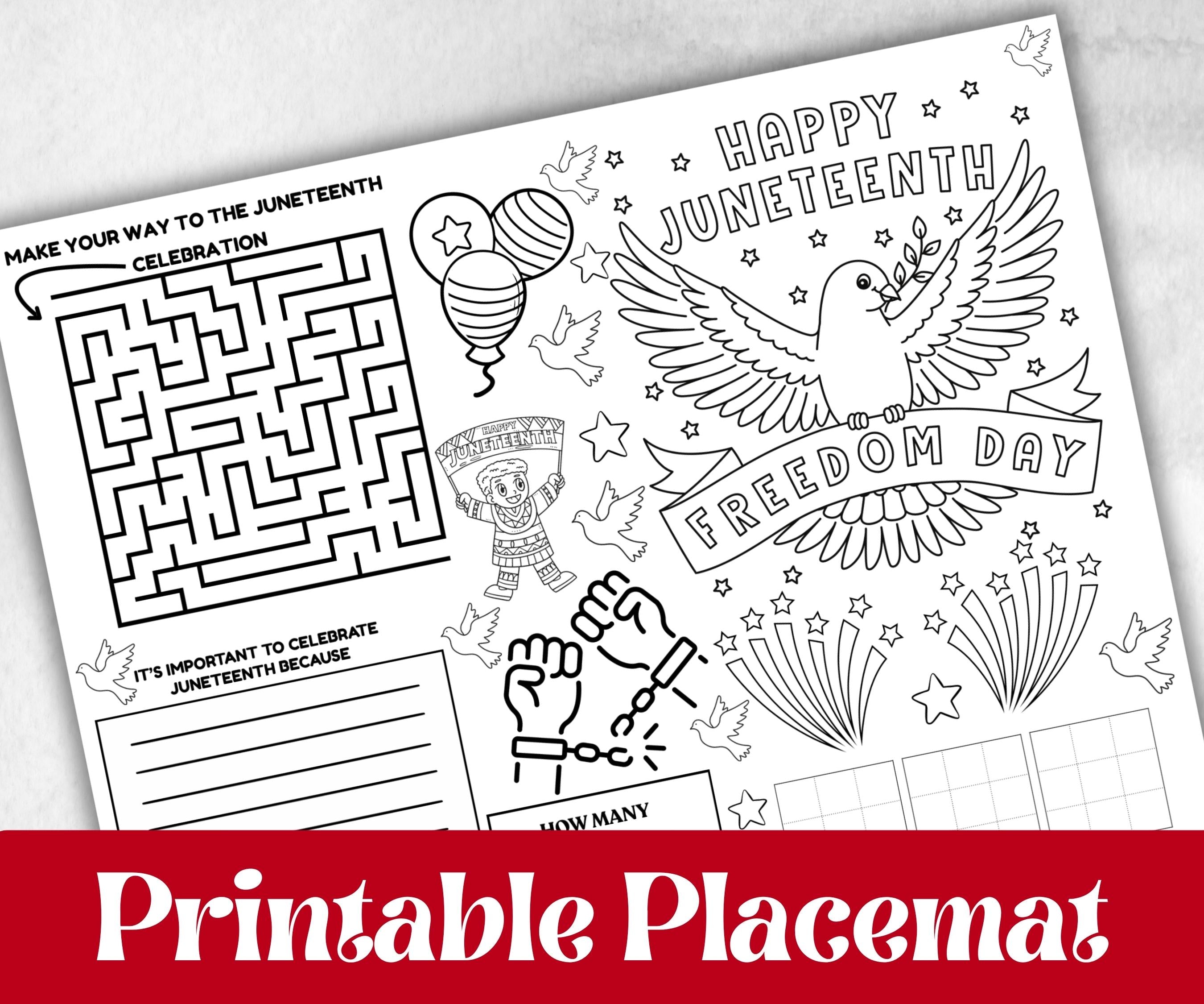 Juneteenth coloring Placemats, Printable kids activity sheets, Black History, American African, freedom day bundle, group games, celebration