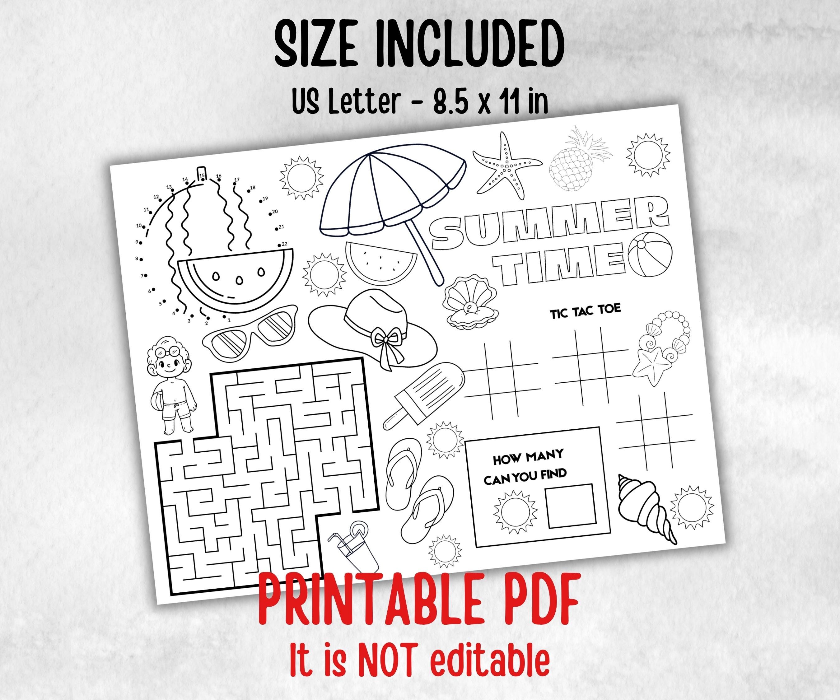 Summer coloring Placemats, Printable school sheets, beach party, breakfast, Road Trips, sunday school, pool party activity bundle, dinner