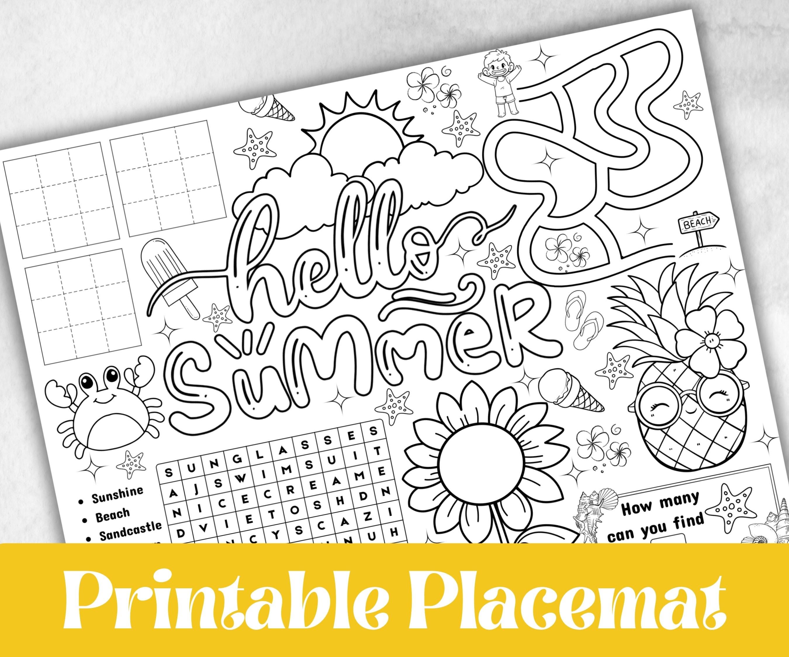 Summer coloring Placemats, Printable school sheets, beach party, breakfast, Road Trips, sunday school, pool party activity bundle, dinner