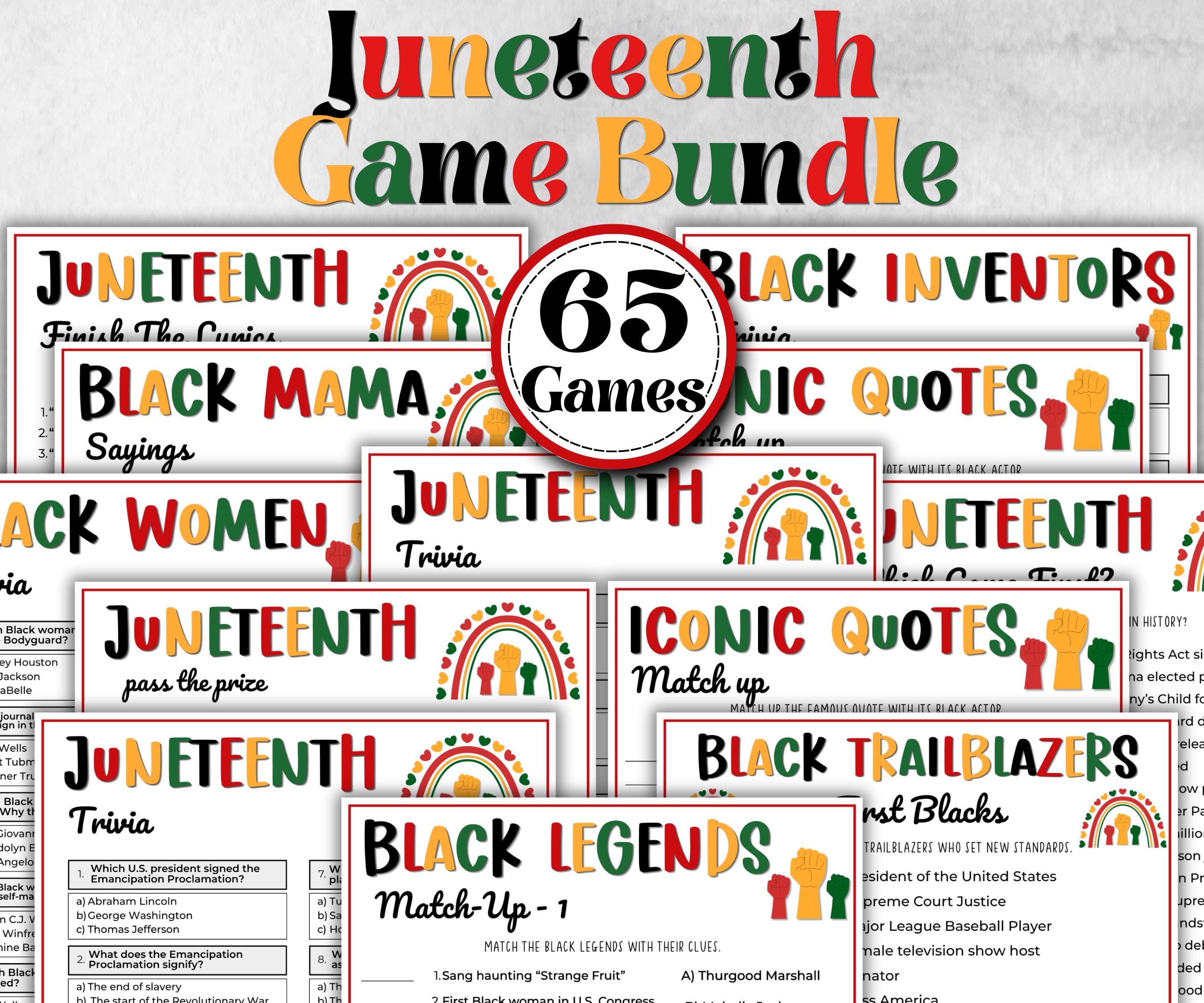 Juneteenth Games Bundle, kids educational game, mix and mingle, word scramble, pass the prize, finish the phrase, word search, pride trivia