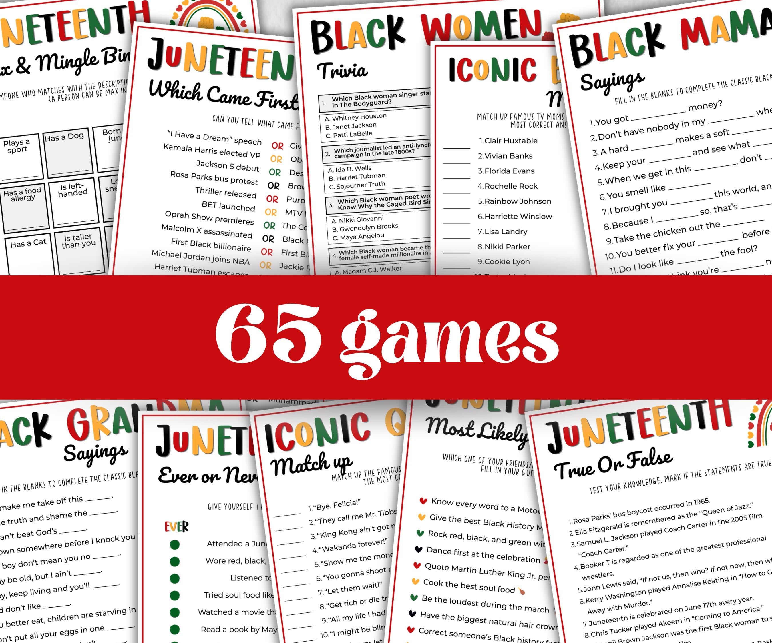 Juneteenth Games Bundle, kids educational game, mix and mingle, word scramble, pass the prize, finish the phrase, word search, pride trivia
