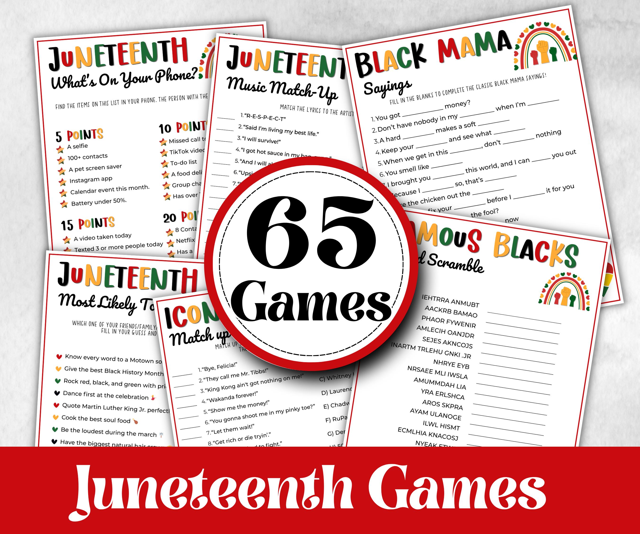 Juneteenth Games Bundle, kids educational game, mix and mingle, word scramble, pass the prize, finish the phrase, word search, pride trivia