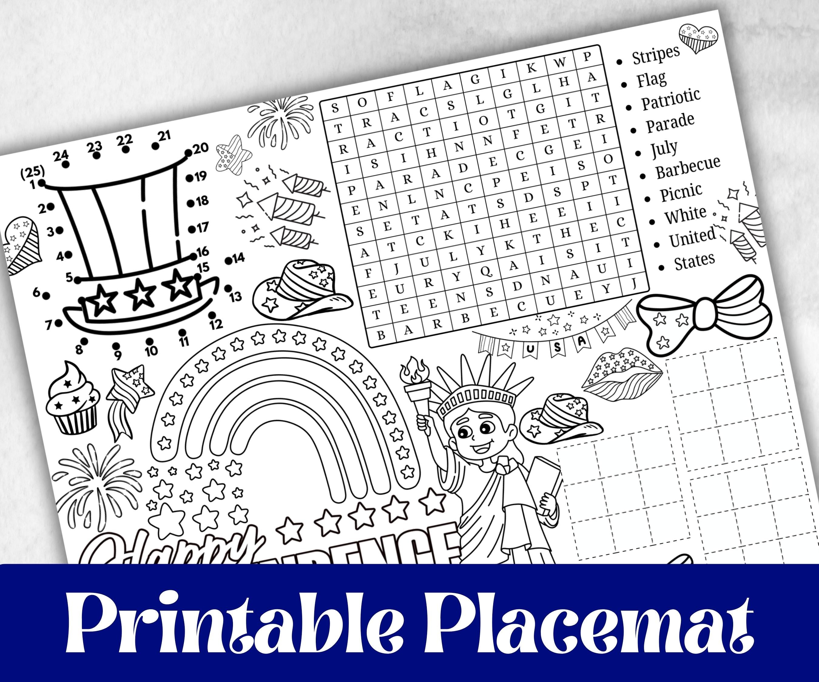4th of July placemat, Daycare Printable, kids activity sheets, Independence Day, patriotic coloring, America, Fourth of July, Summer picnic