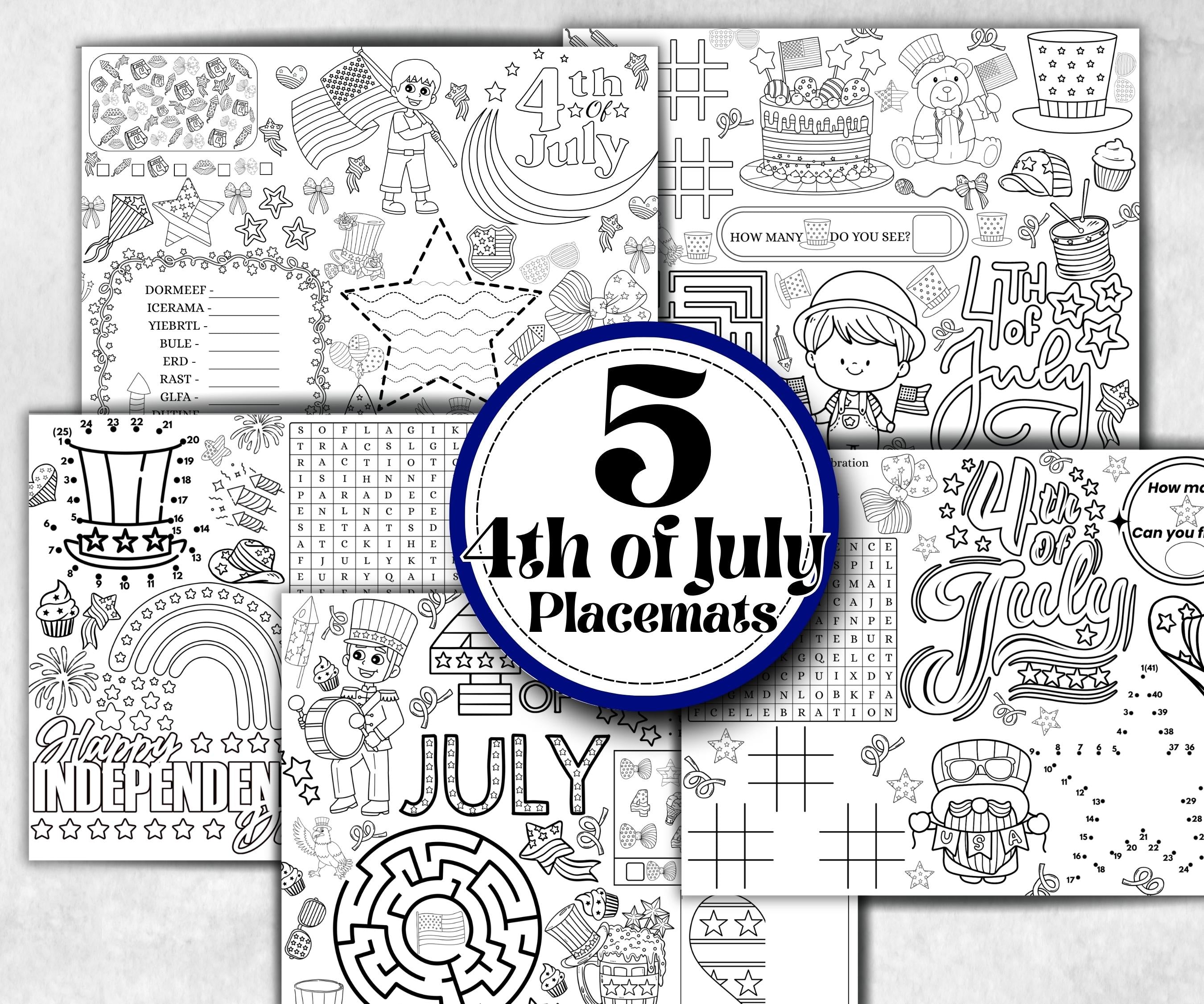 4th of July placemat, Daycare Printable, kids activity sheets, Independence Day, patriotic coloring, America, Fourth of July, Summer picnic