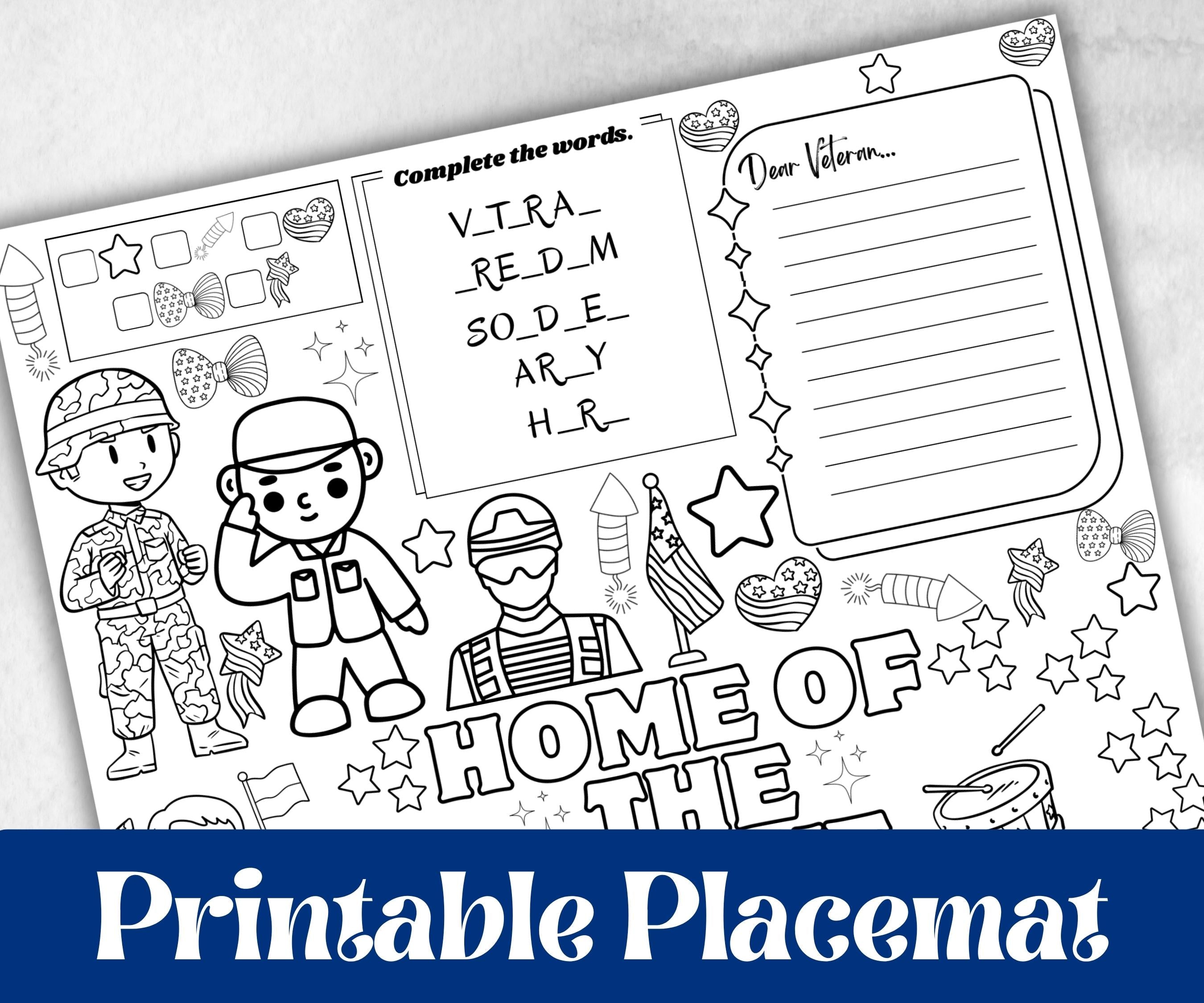 Veterans Day placemat, Daycare Printable, kids activity sheets, Memorial Day, patriotic games, America, USA, remembrance day, Military Vets