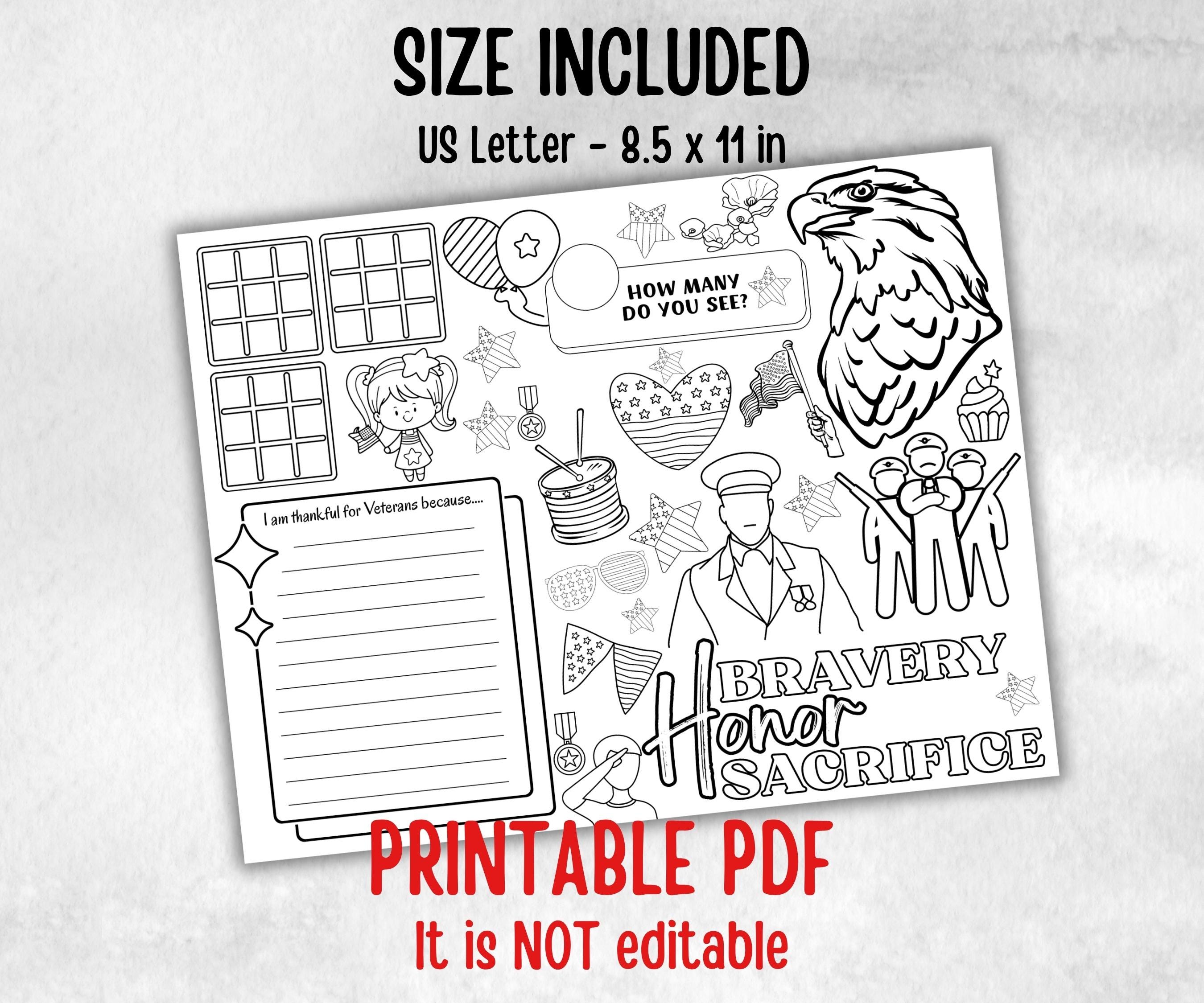 Veterans Day placemat, Daycare Printable, kids activity sheets, Memorial Day, patriotic games, America, USA, remembrance day, Military Vets