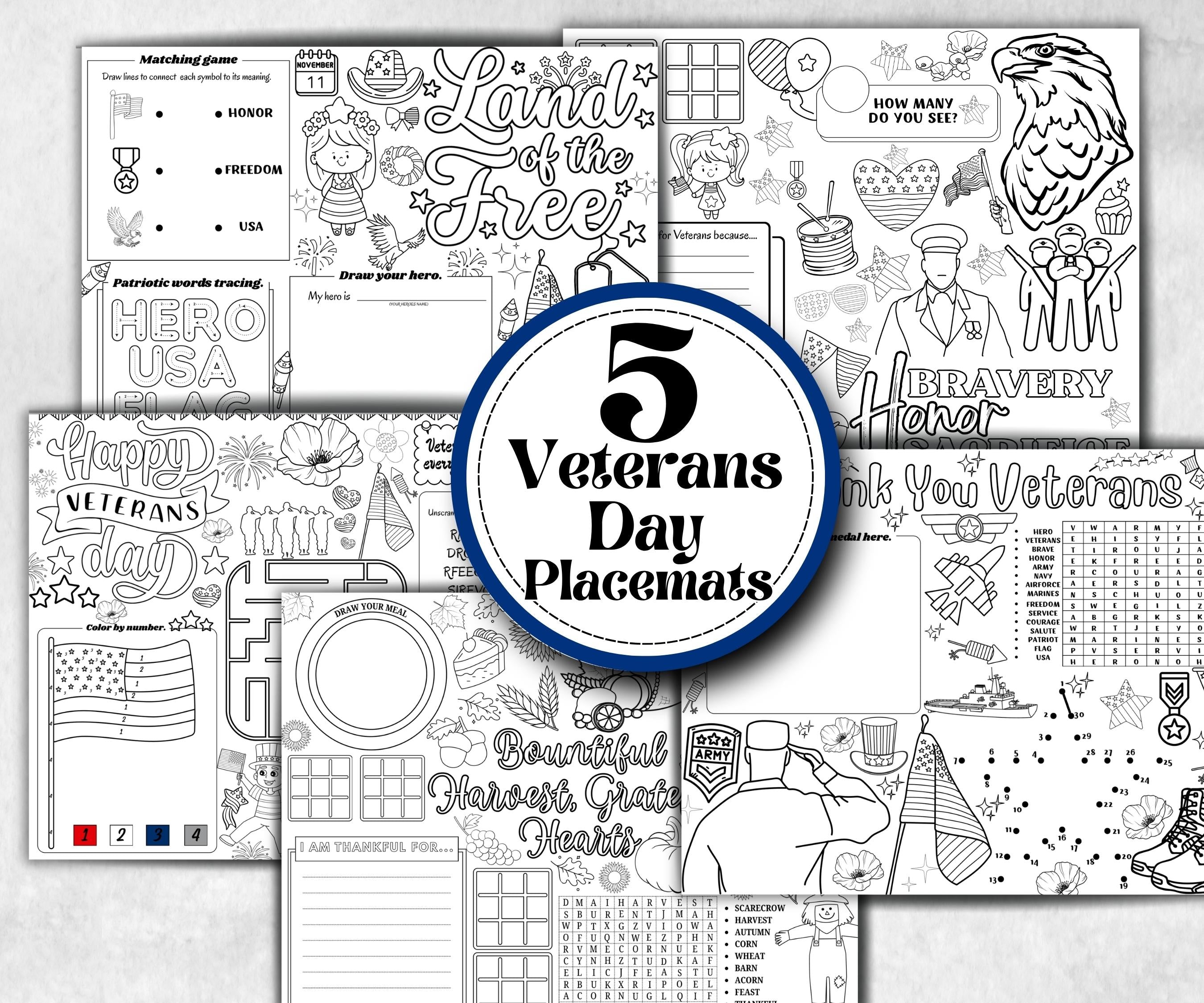 Veterans Day placemat, Daycare Printable, kids activity sheets, Memorial Day, patriotic games, America, USA, remembrance day, Military Vets