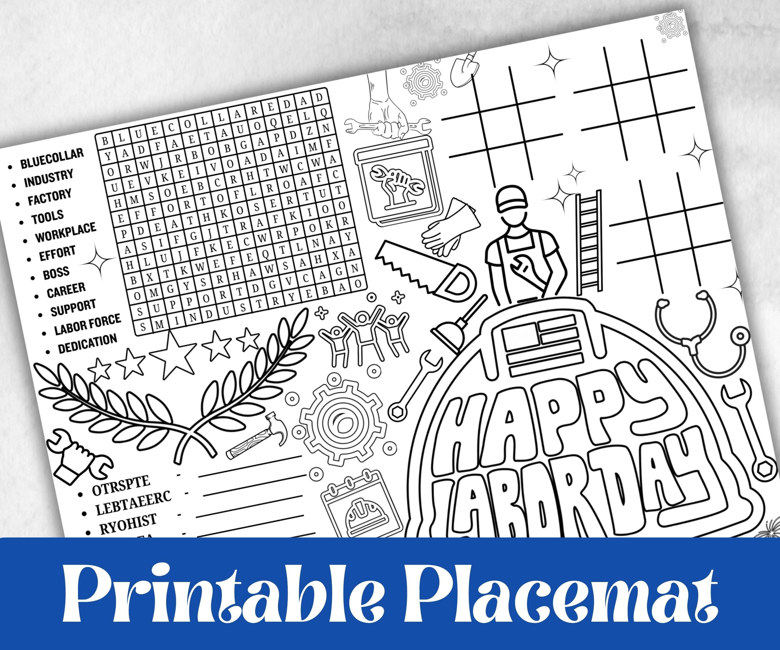 Labor Day placemat, Daycare Printable, kids activity sheets, Memorial Day, patriotic games, America, USA, remembrance day, community helpers