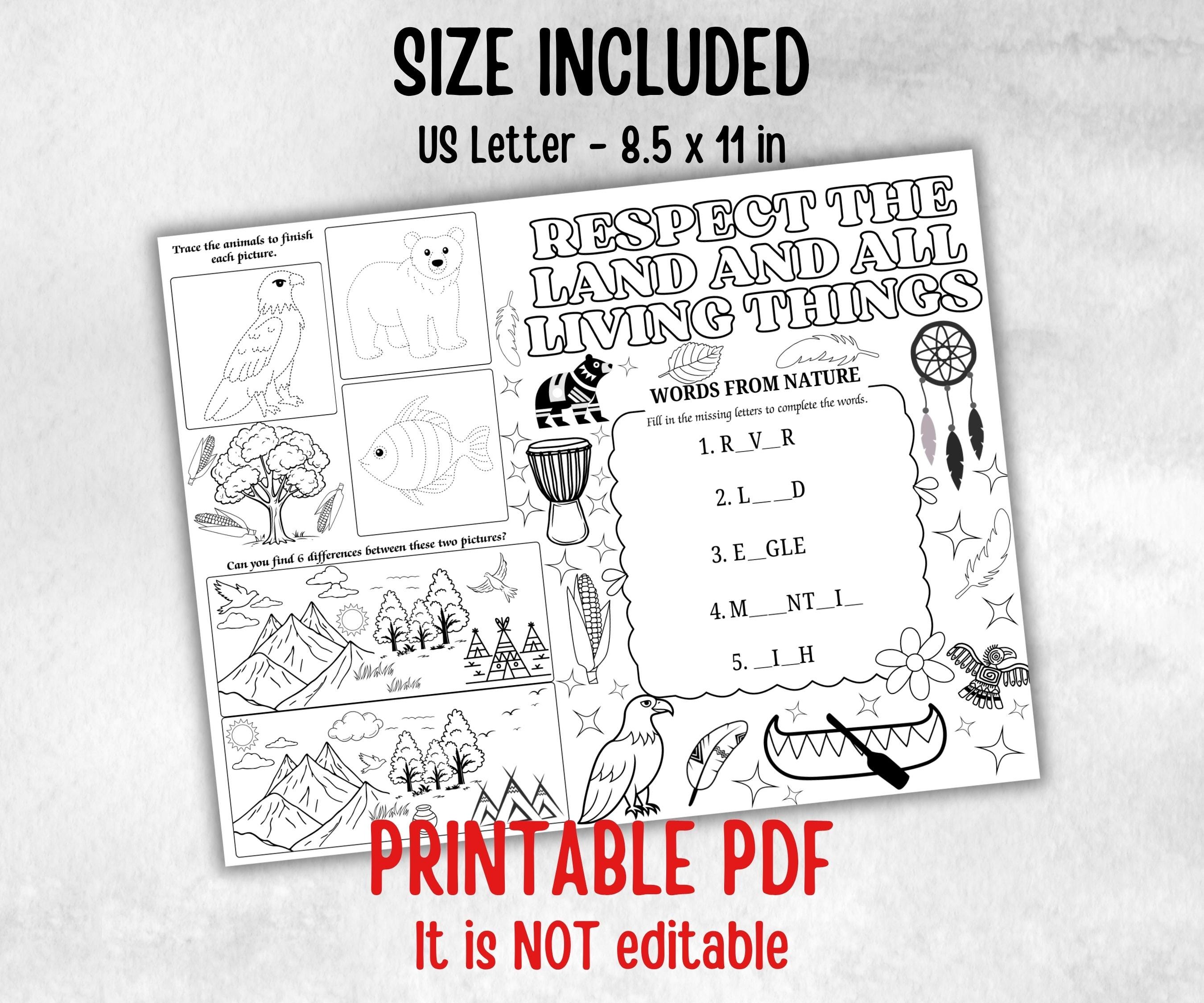Indigenous Peoples day placemat, Daycare Printable, kids sheets, Columbus Day, Native American, cultural heritage learning, history themed