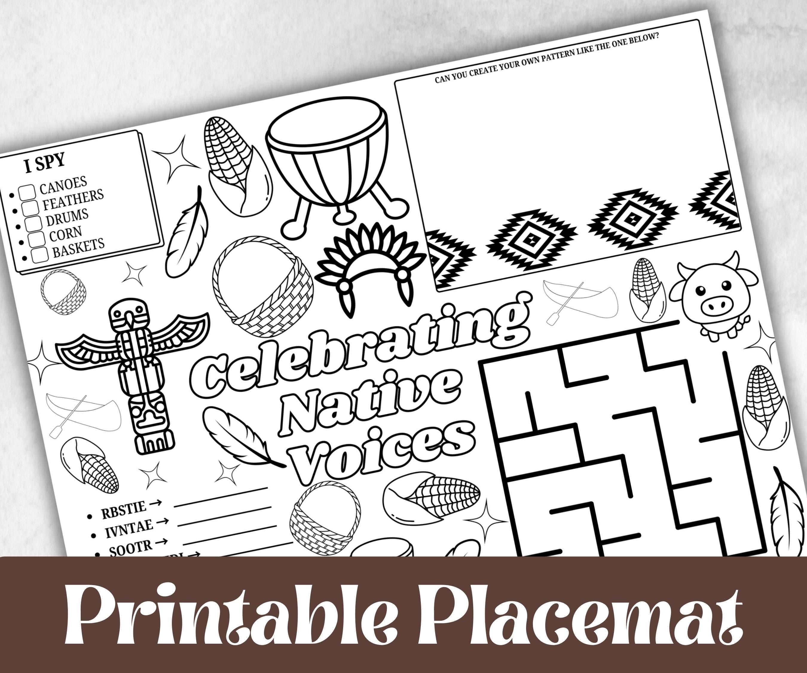 Indigenous Peoples day placemat, Daycare Printable, kids sheets, Columbus Day, Native American, cultural heritage learning, history themed