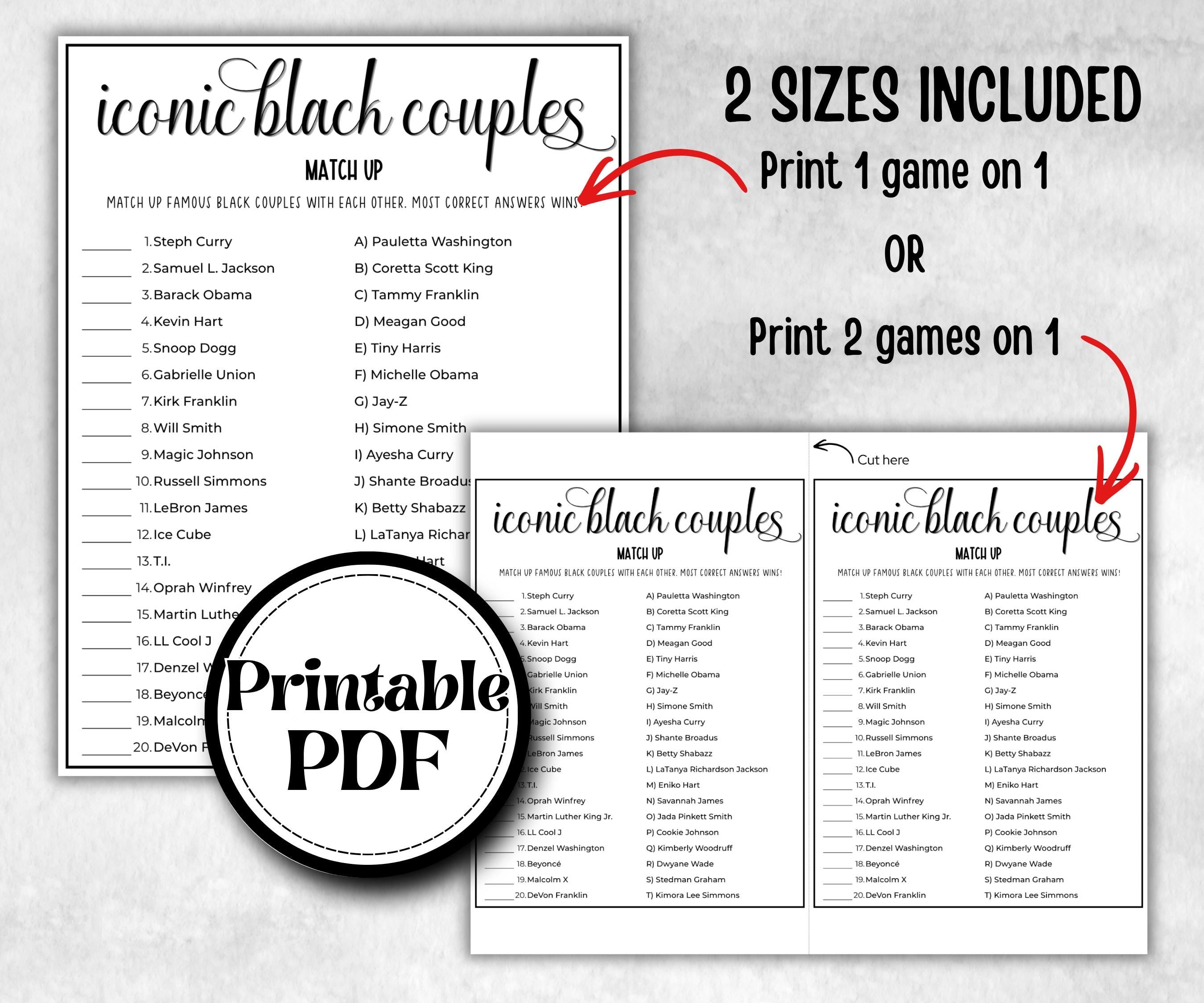 Iconic Black Couples Trivia, African American, Black Culture baby shower, Mommy to be, icebreaker activity, baby sprinkle, family game night