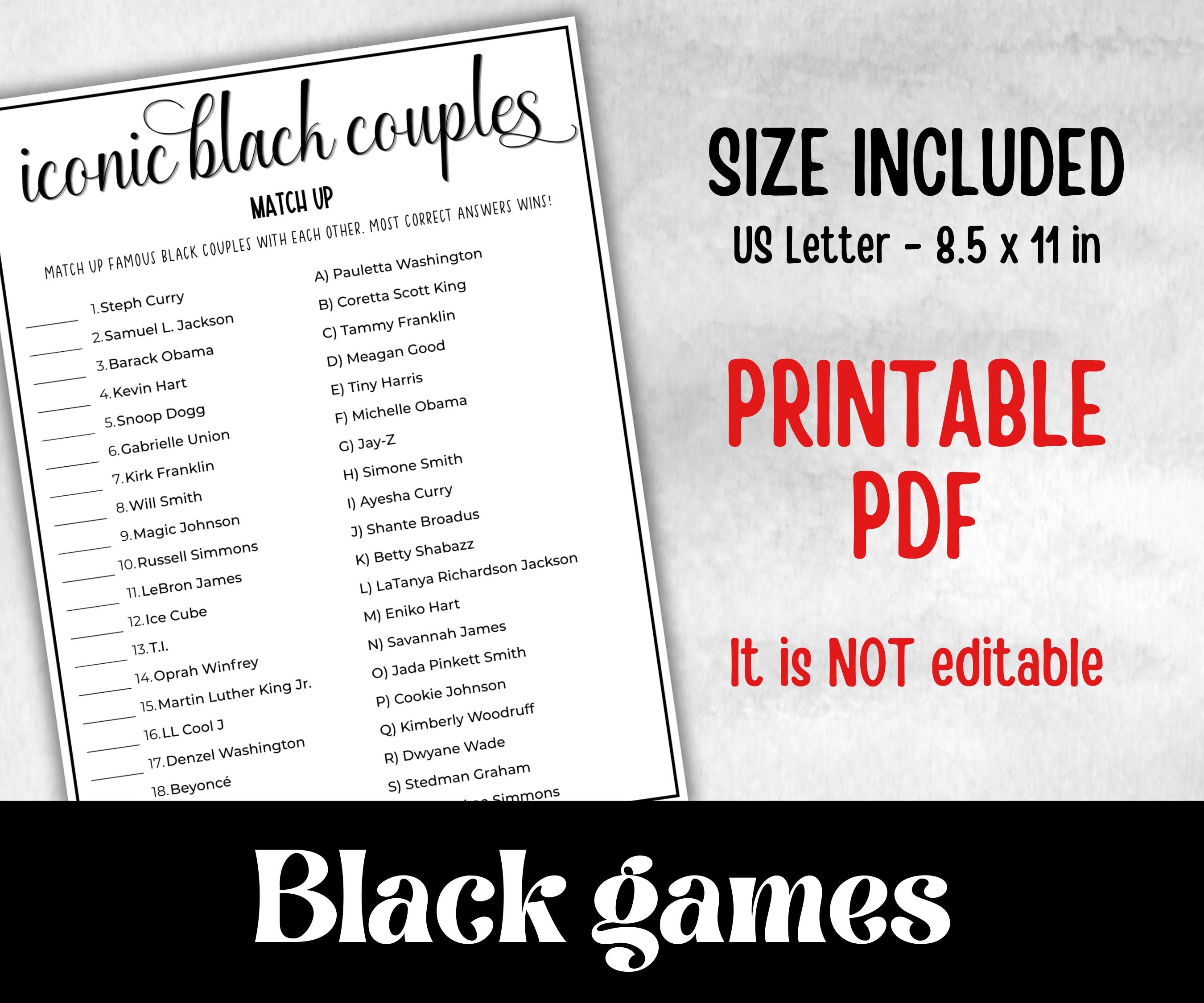 Iconic Black Couples Trivia, African American, Black Culture baby shower, Mommy to be, icebreaker activity, baby sprinkle, family game night