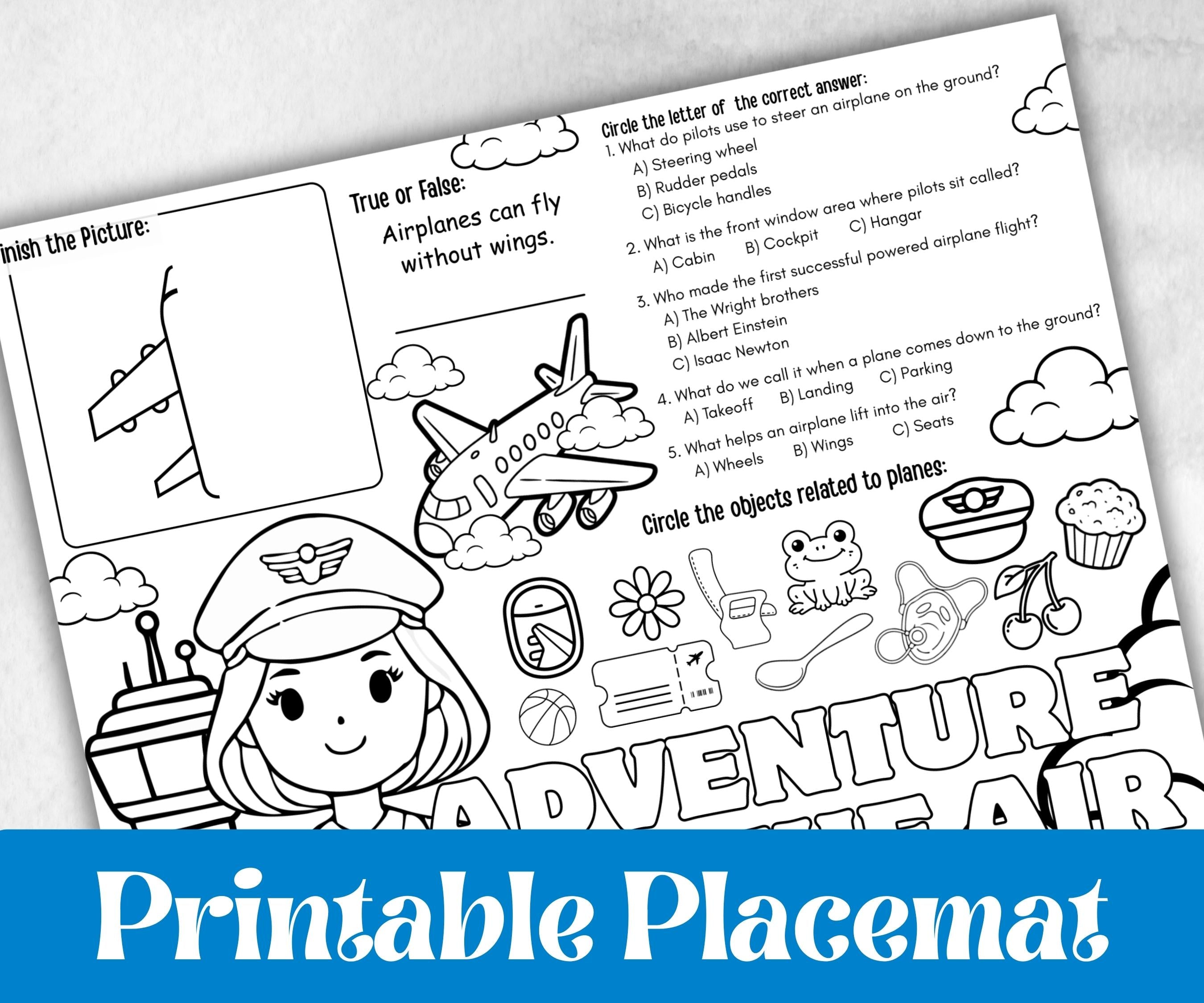 Airplane placemat placemat, Daycare Printable, kids sheets, Birthday coloring Sheet, Boy Girl Bday, Flying, pilot themed, plane travel fun