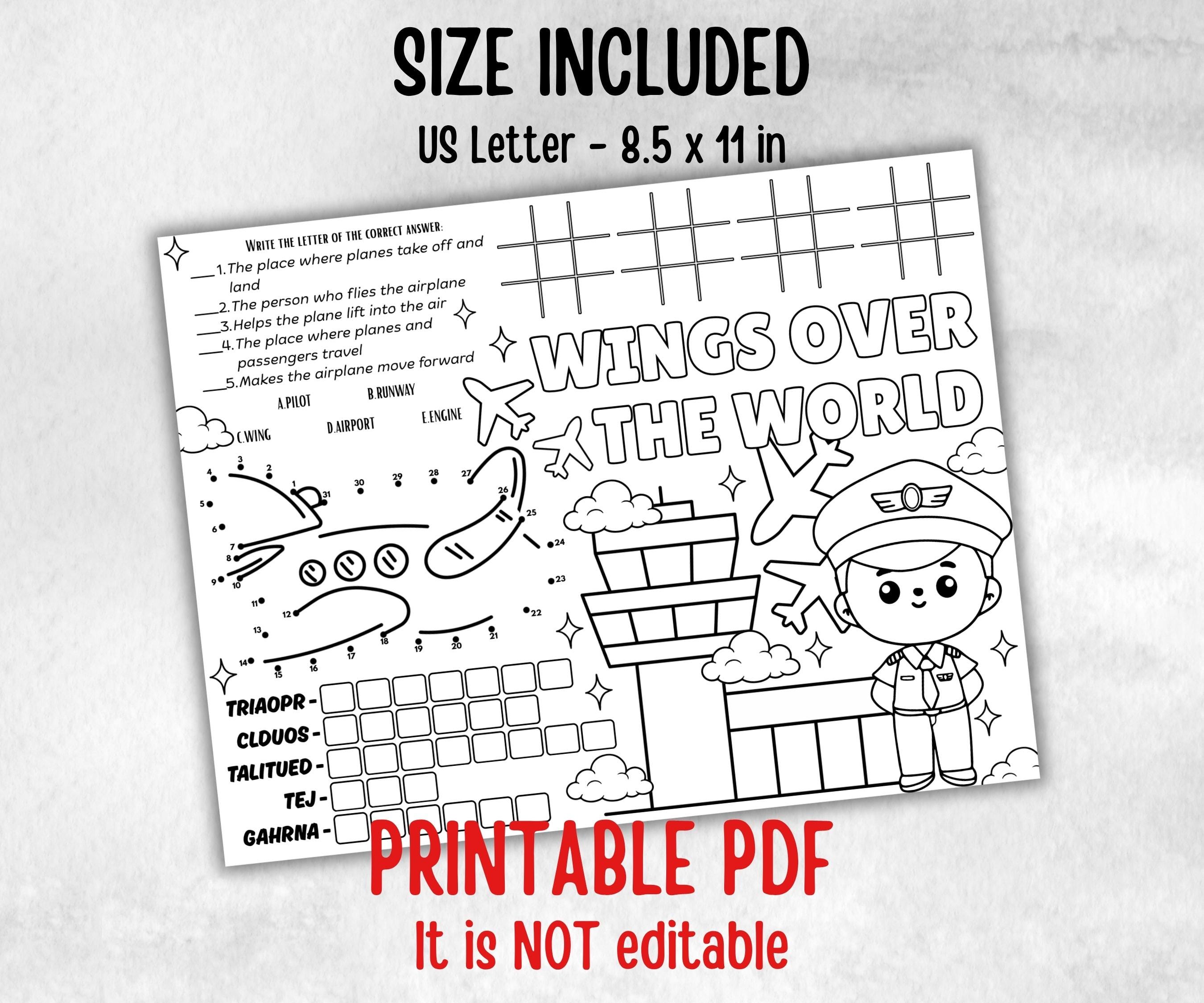 Airplane placemat placemat, Daycare Printable, kids sheets, Birthday coloring Sheet, Boy Girl Bday, Flying, pilot themed, plane travel fun