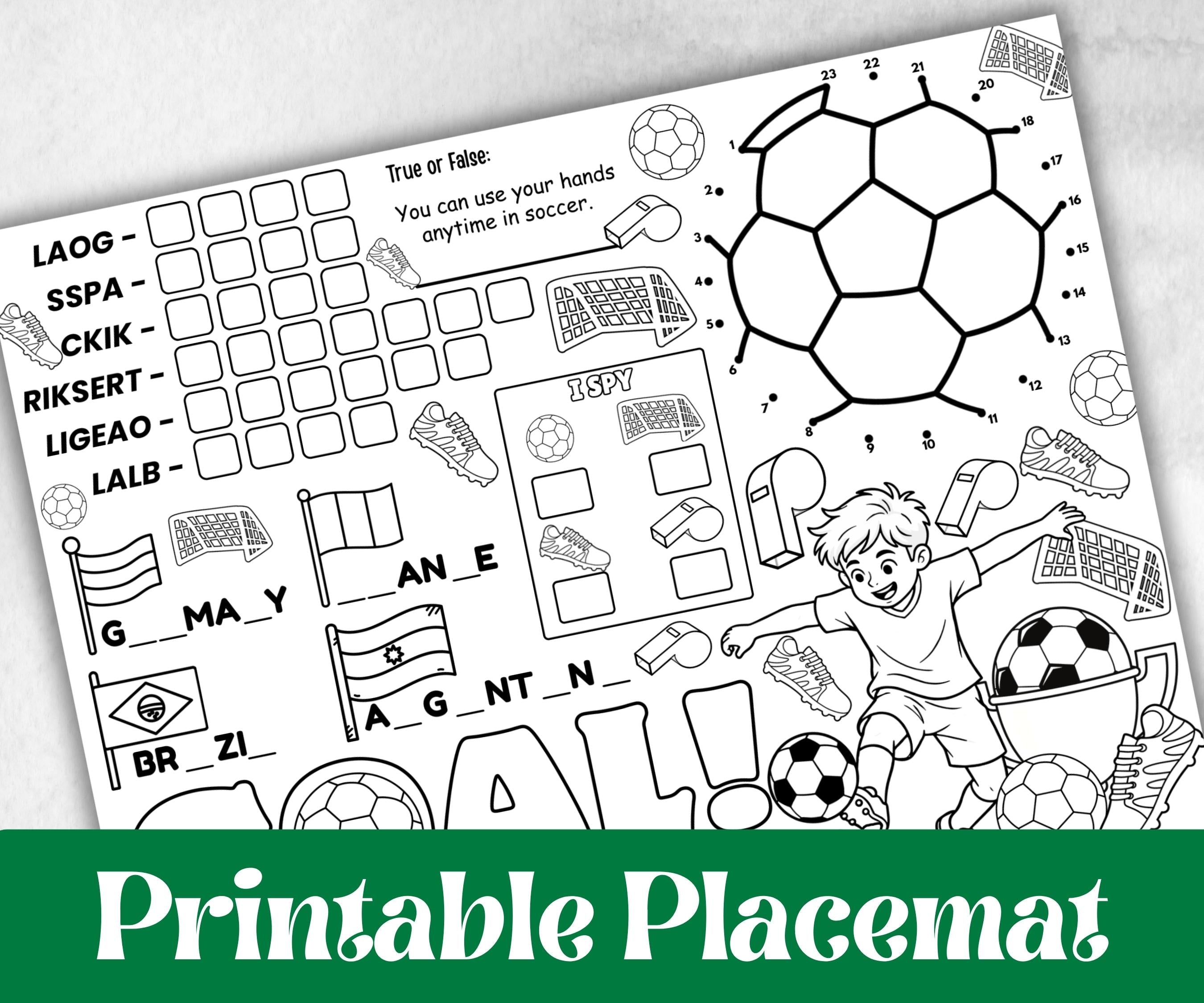 Soccer placemat placemat, Daycare Printable, kids sheets, Birthday coloring Sheet, Boy Girl Bday favor, Football themed, sports, world cup