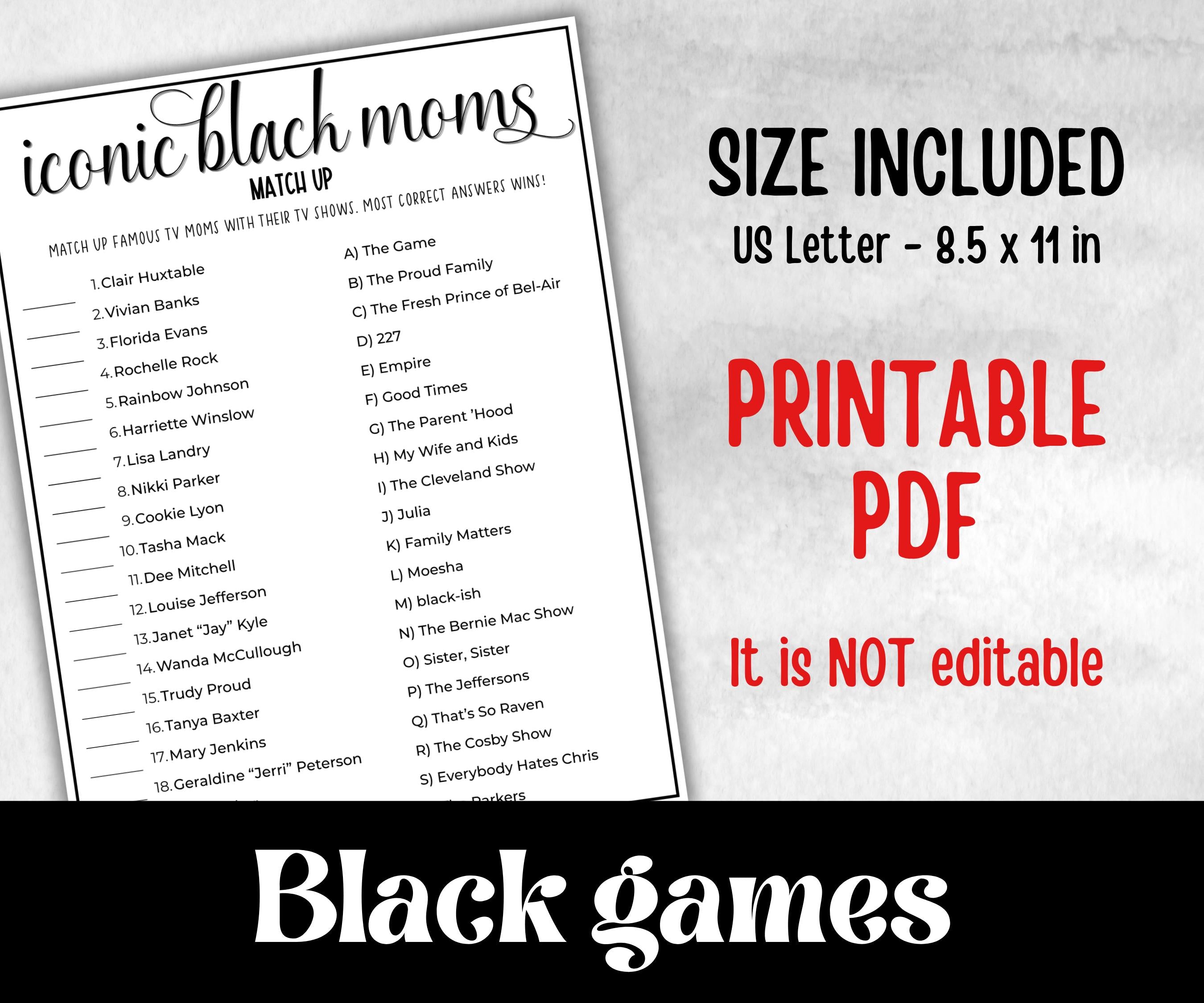 Iconic Black Moms Trivia, African American, Black Culture baby shower, Mommy to be, mothers day, baby sprinkle, black mama, icebreaker game
