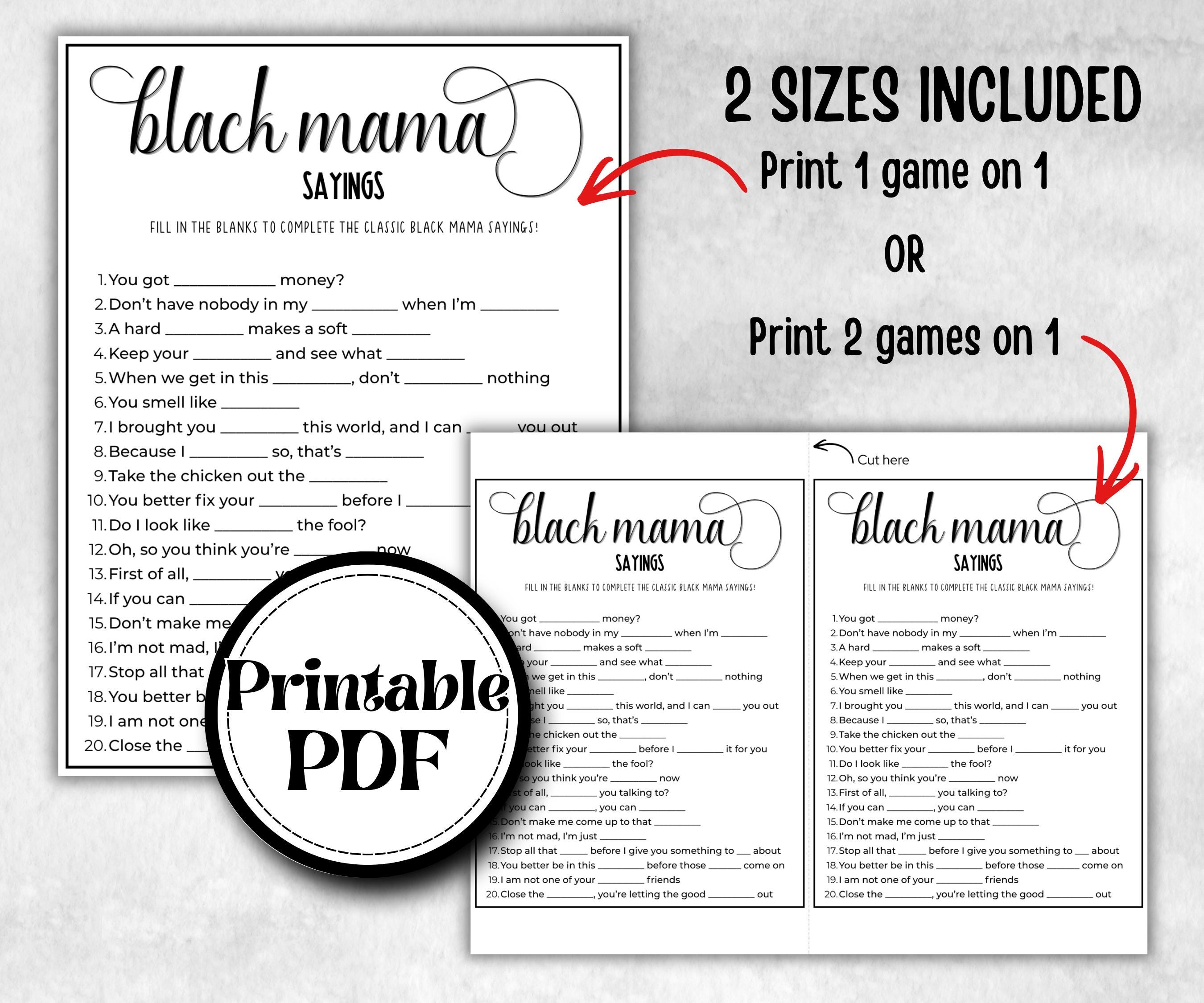 Black Mama Sayings Trivia, African American Mom, Black Culture baby shower, Black Mommy to be, Daddy to be, baby sprinkle, mothers day games
