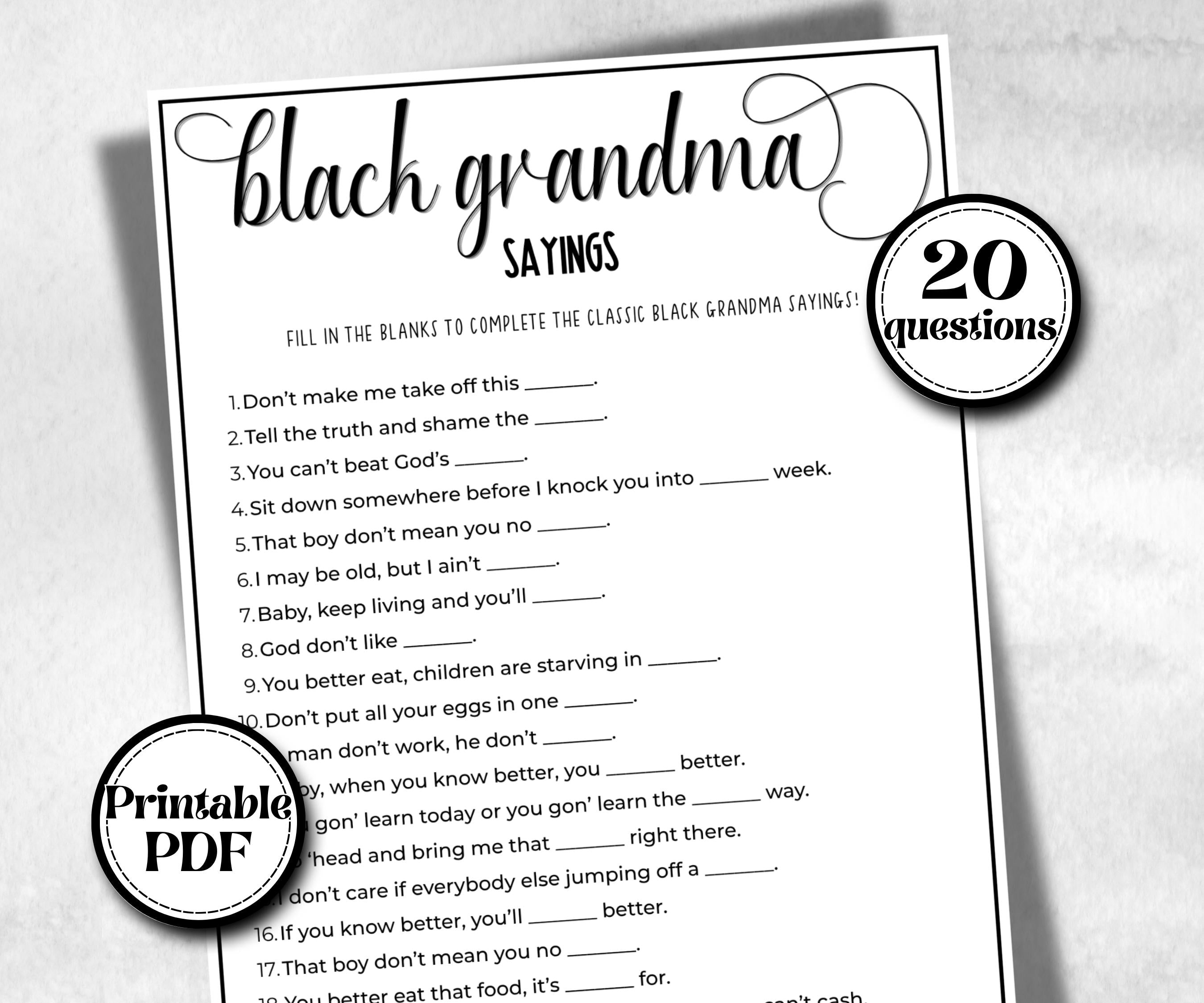 Black Grandma Sayings Trivia, African American Mom, Black Culture baby shower, Black Mommy to be, baby sprinkle, grandparents day trivia