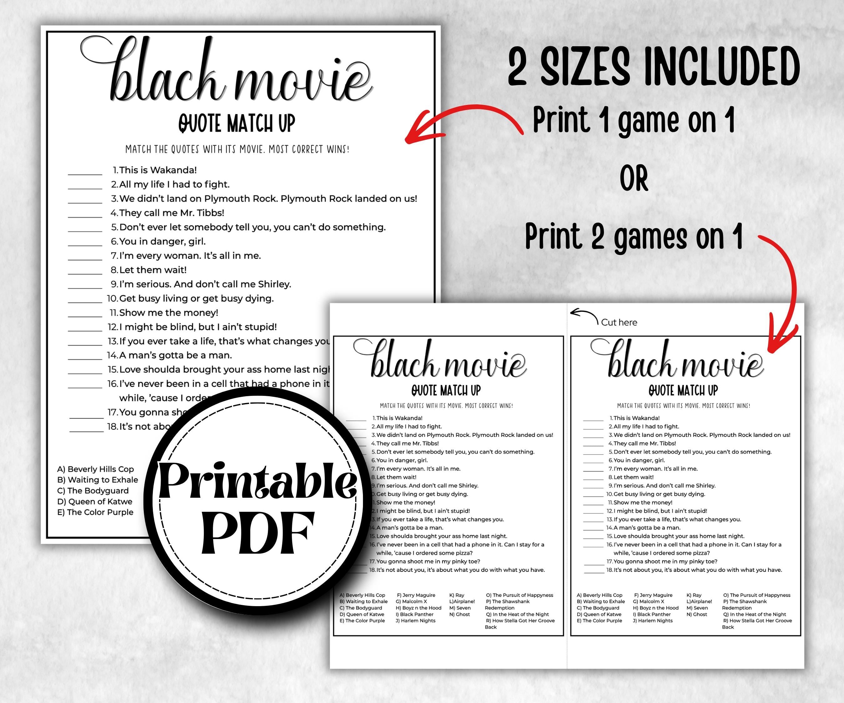 Black Movie Quotes, African American Quotes, Black Culture movie quiz, Movie Game Night, summer icebreaker party, community bbq picnic