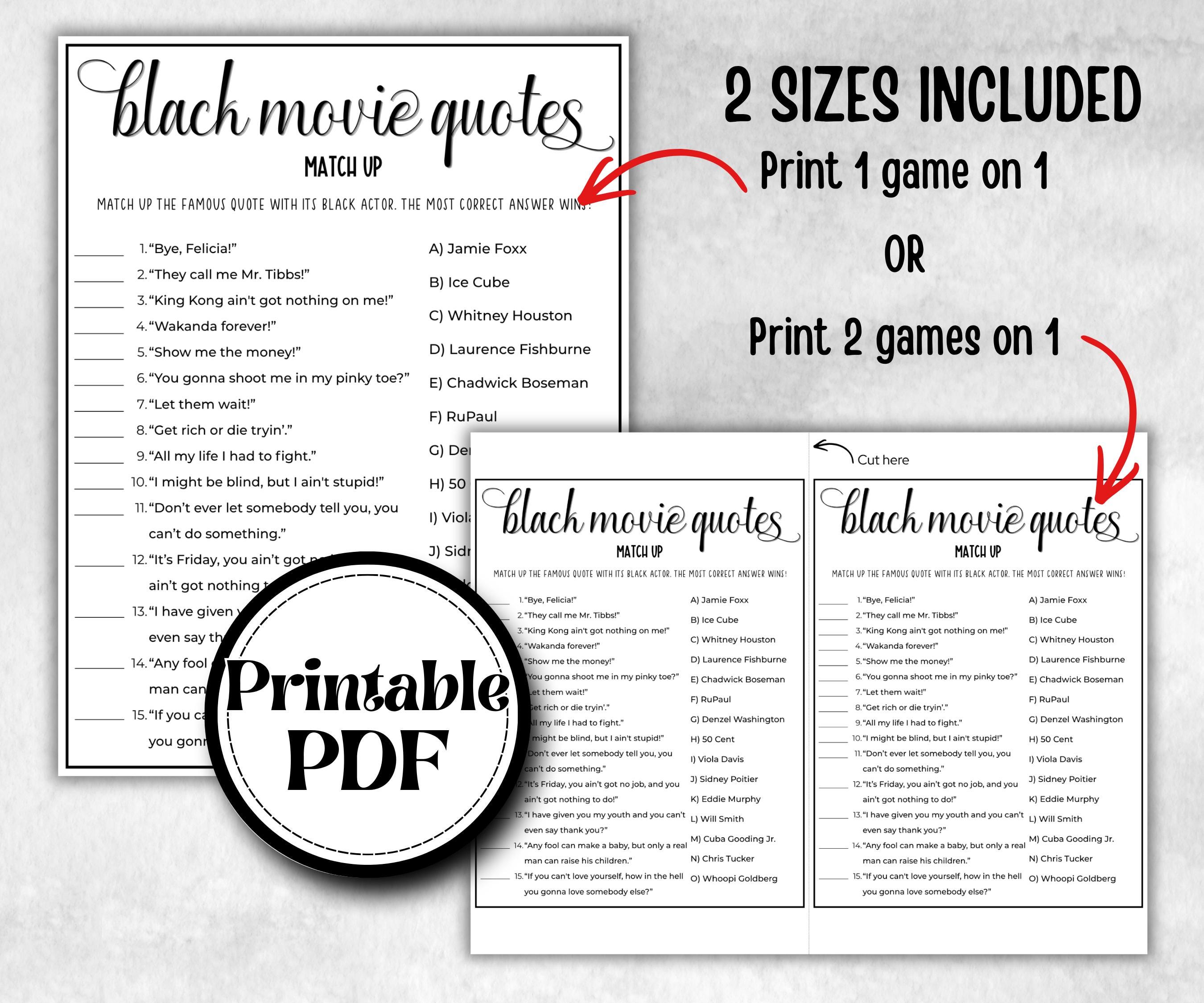 Black Movie Quotes match up, African American Quotes, Black Culture movie riddles, Movie Game Night, summer icebreaker party, community bbq