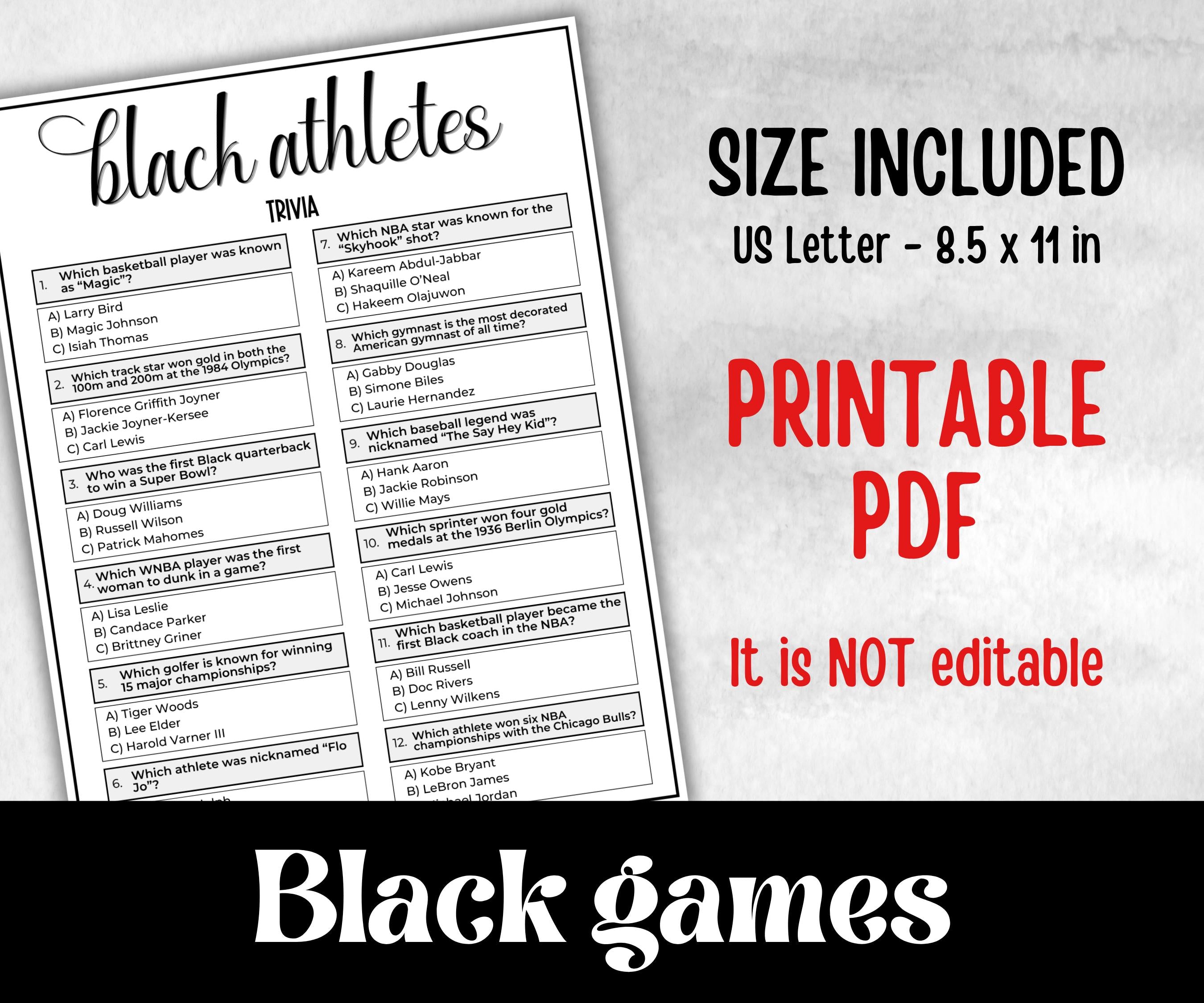 Black Athletes Trivia, African American, Black Culture, summer icebreaker party, community bbq, First blacks, educational classroom resource