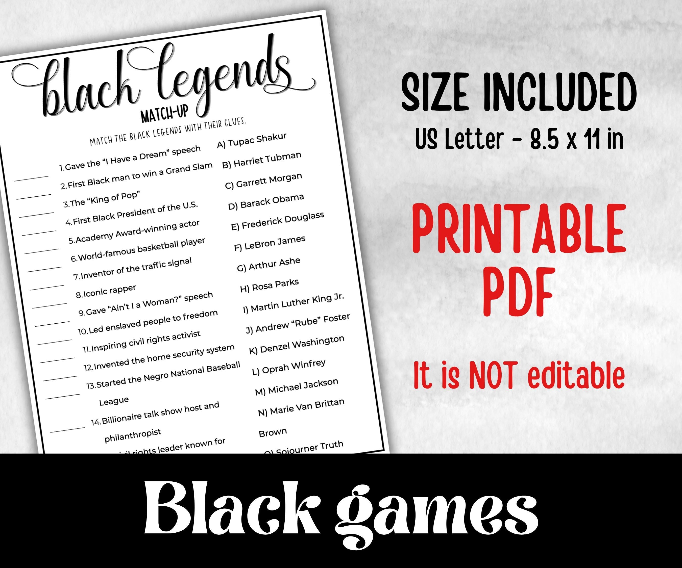 Black Legends Match, African American, Black Culture riddle, icebreaker activity, community bbq picnic, classroom activity, black birthday
