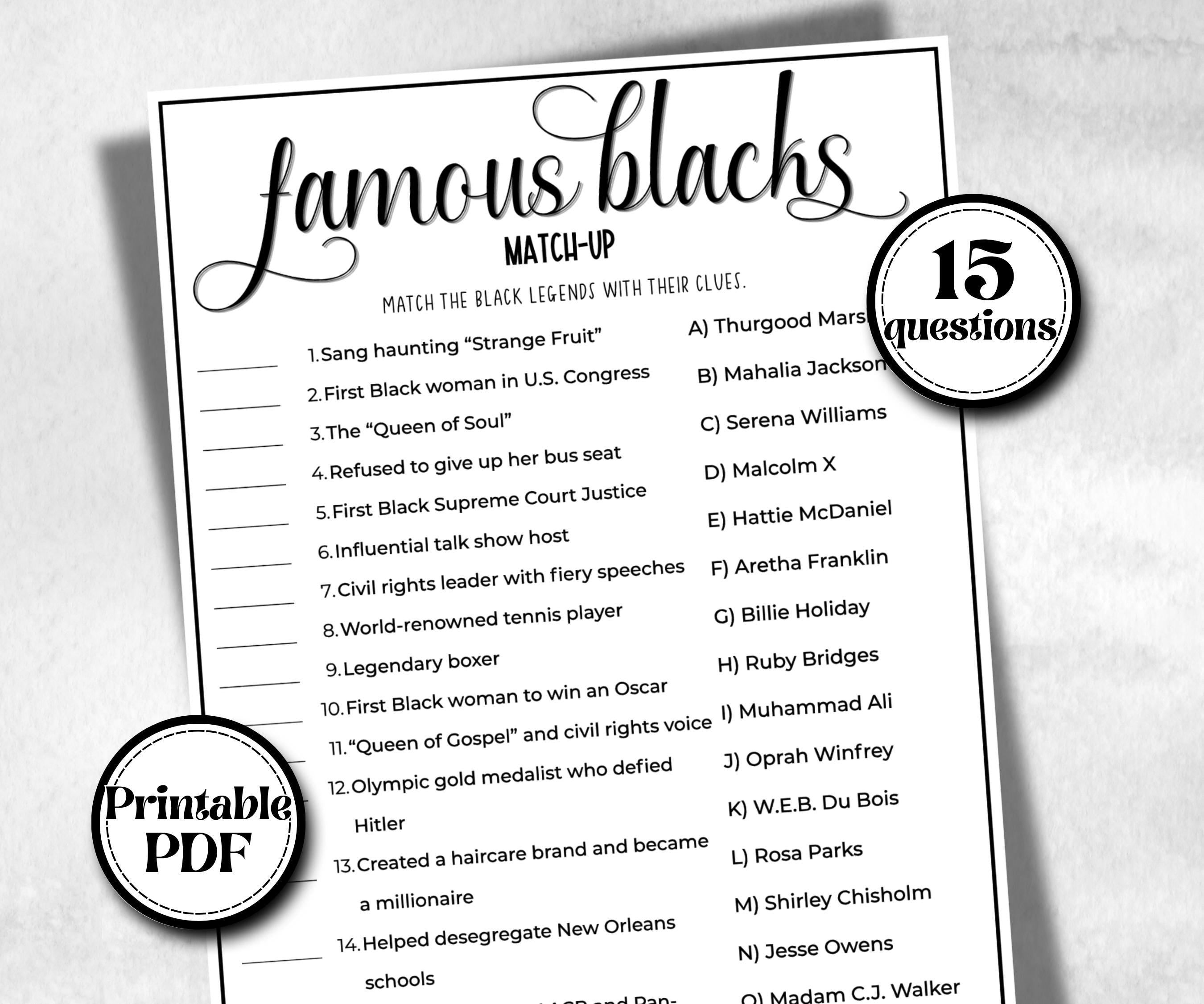 Famous Black People, African American, Black Culture riddle, icebreaker activity, community bbq picnic, classroom activity, black legends