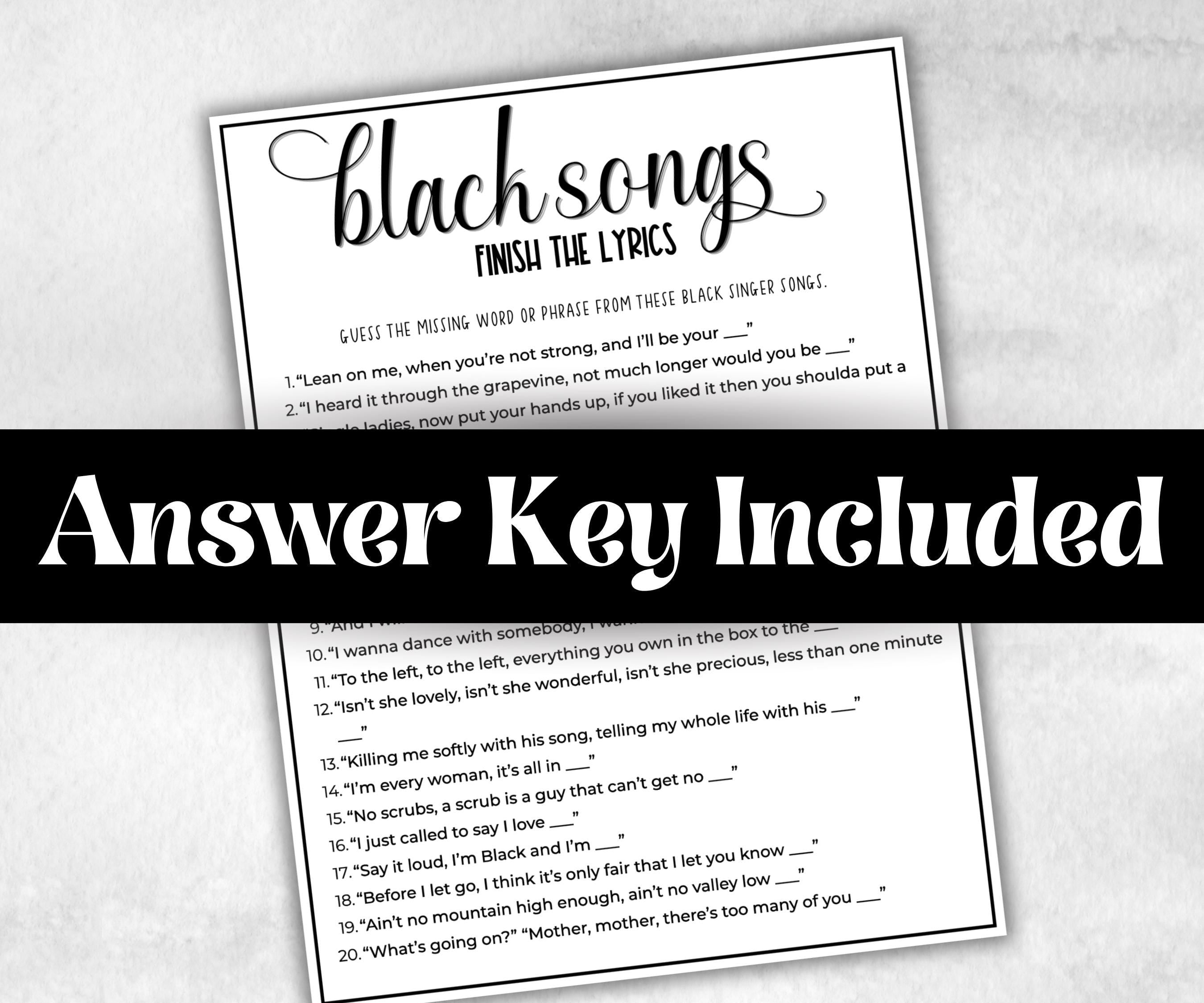 Black Songs, finish the lyrics, African American, Black Culture riddle, icebreaker activity, community bbq, spring summer, Music for Kids
