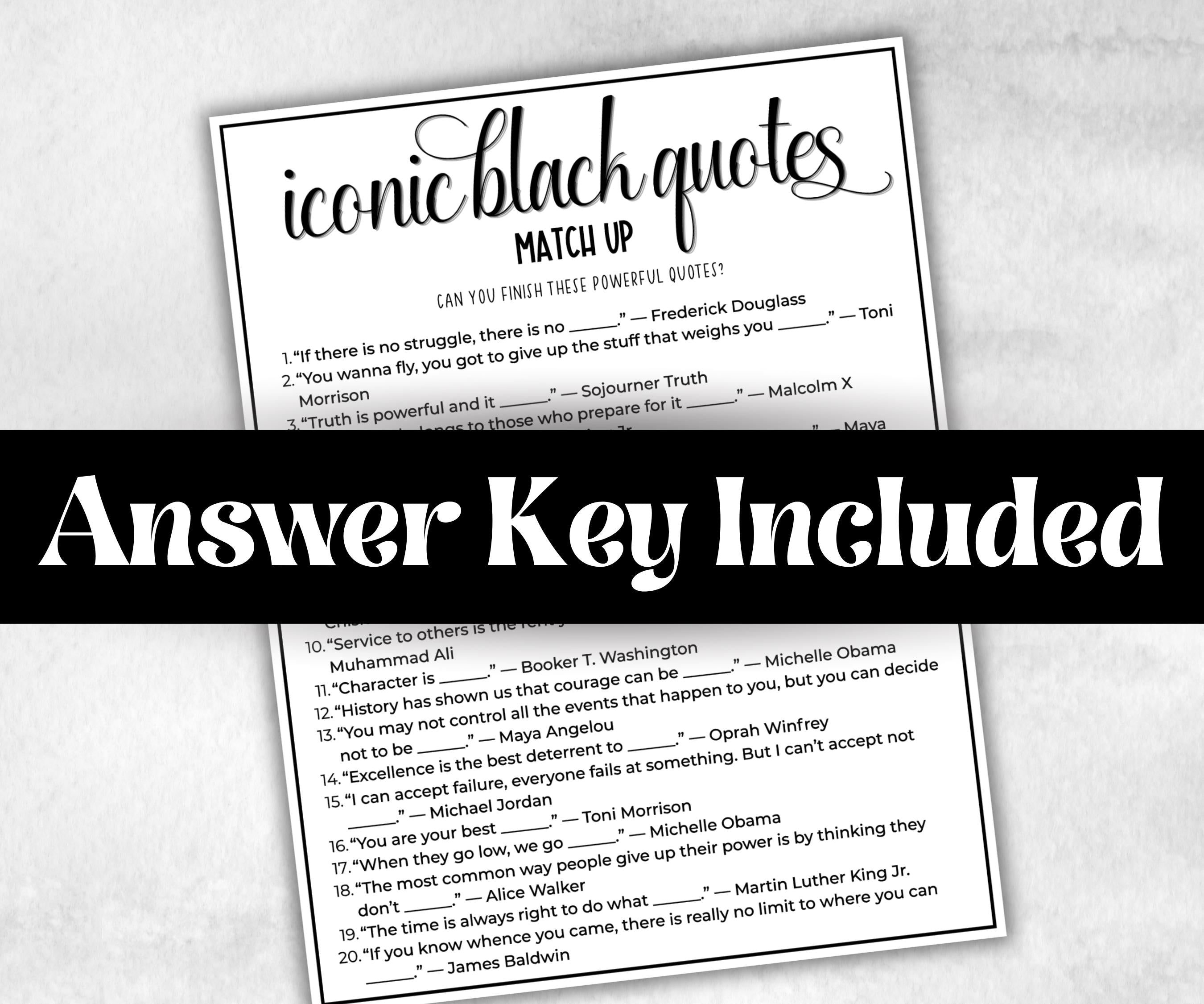 Iconic Black Quotes, African American, Black Culture riddle, community bbq picnic, educational classroom activity, black legends, icebreaker