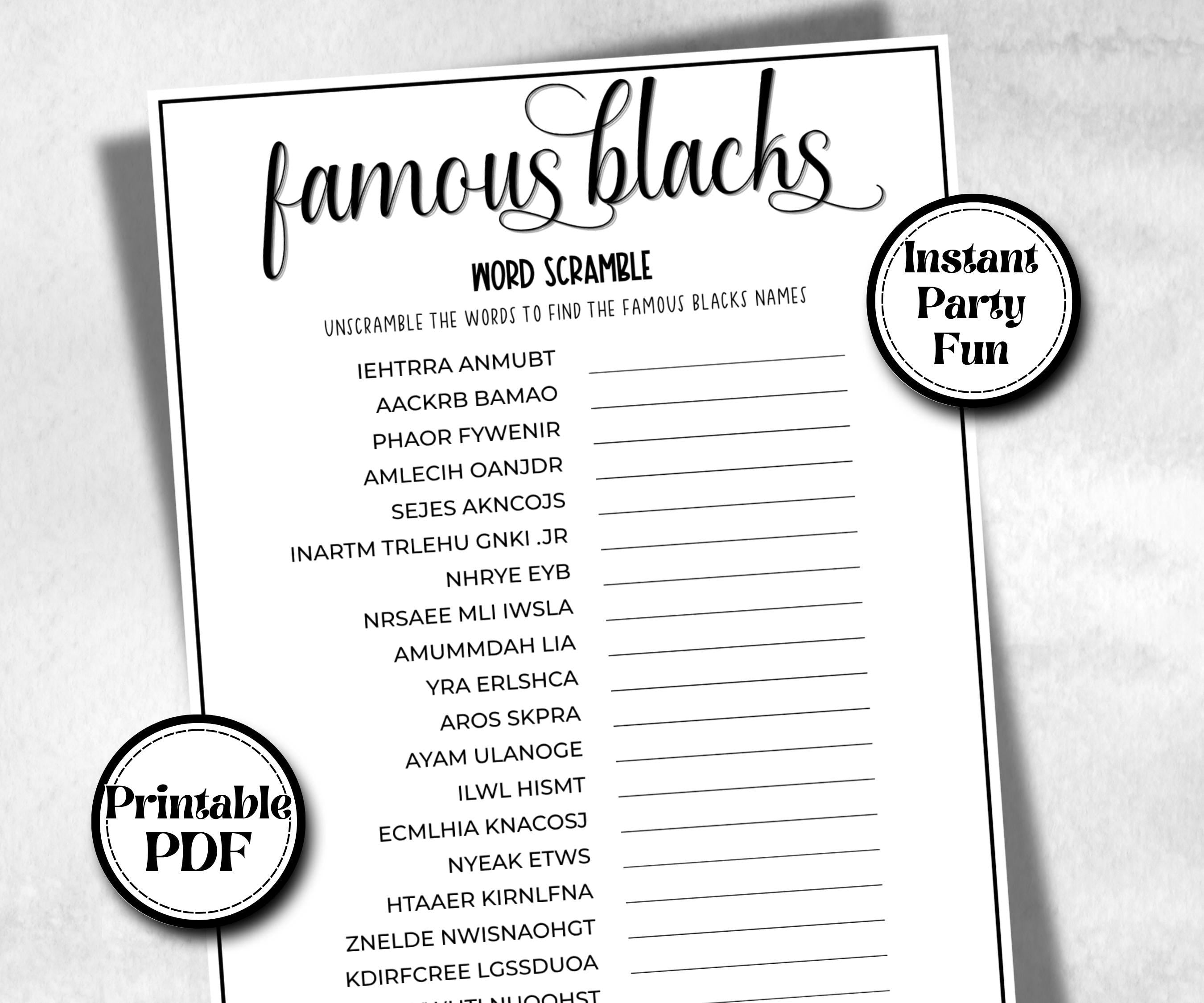 Famous Black People word scramble, African American, Black Culture riddle, community bbq picnic icebreaker, classroom activity, black legend