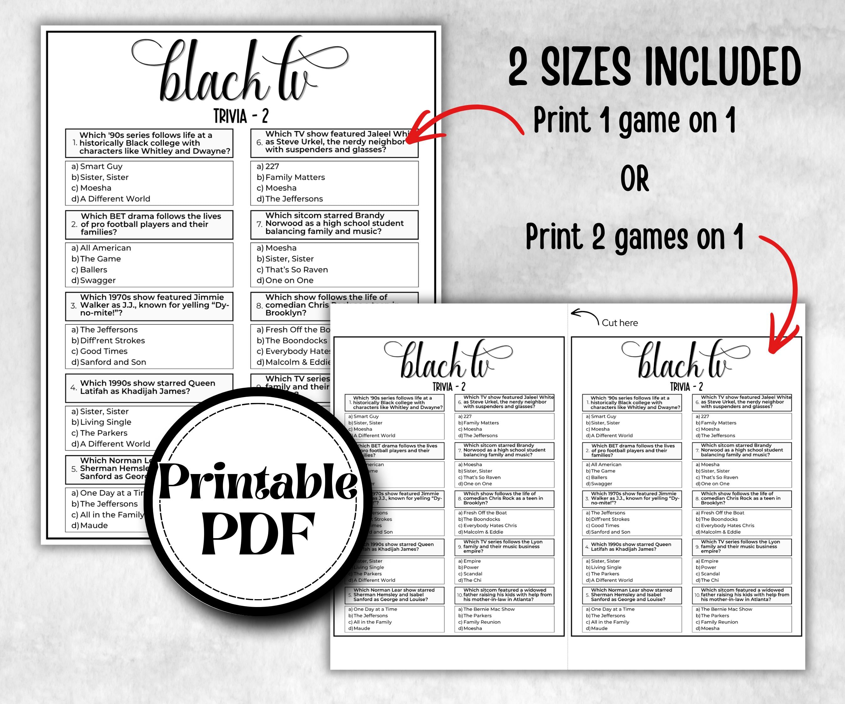 Black tv Trivia, African American, Black Culture tv quiz, Movie Game Night, summer bbq icebreaker party, popcorn game, family game night