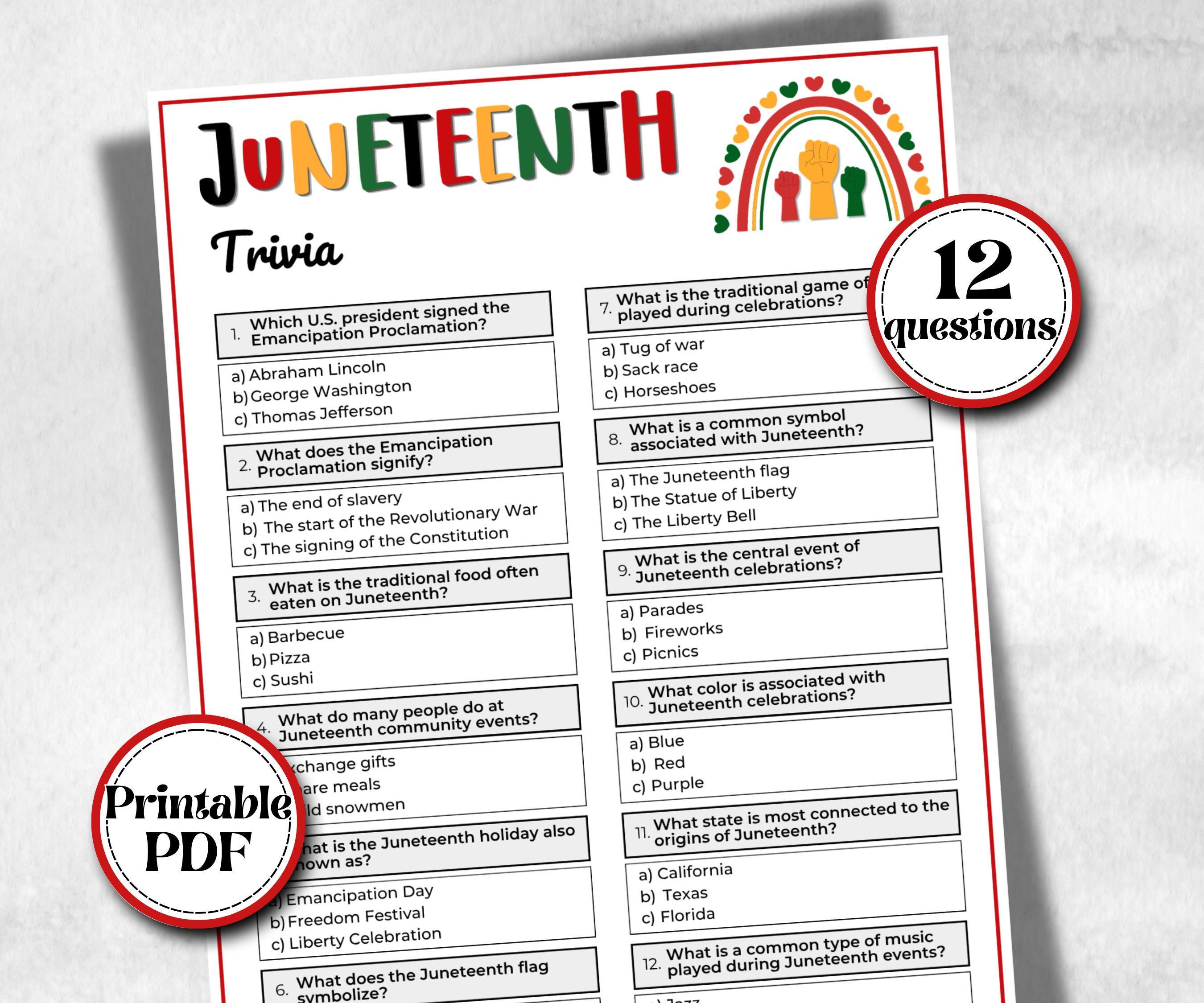 Juneteenth Trivia, kids educational game, african american trivia game night, black history, black culture celebration, classroom activities