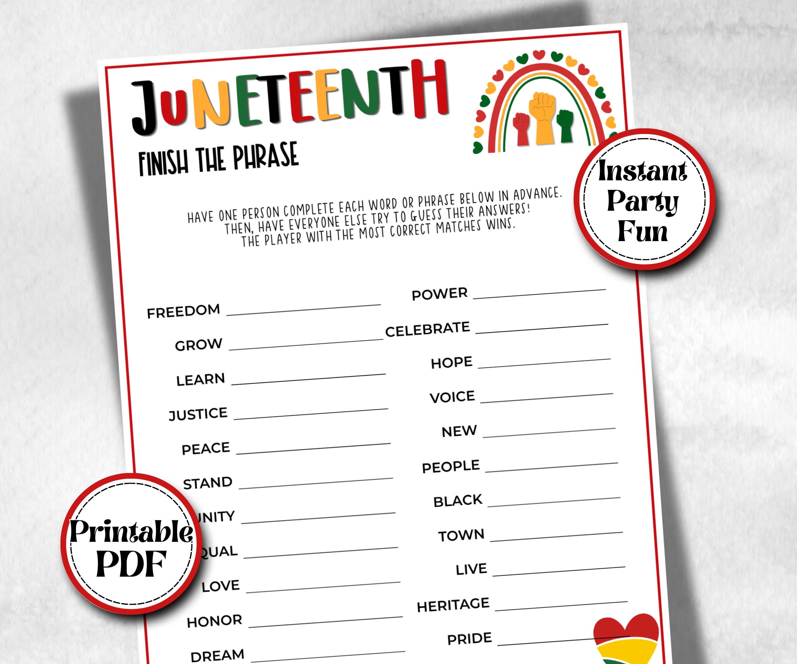 Juneteenth Finish the Phrase, african american kid party, mix and mingle, family game night, black culture celebration, black family reunion