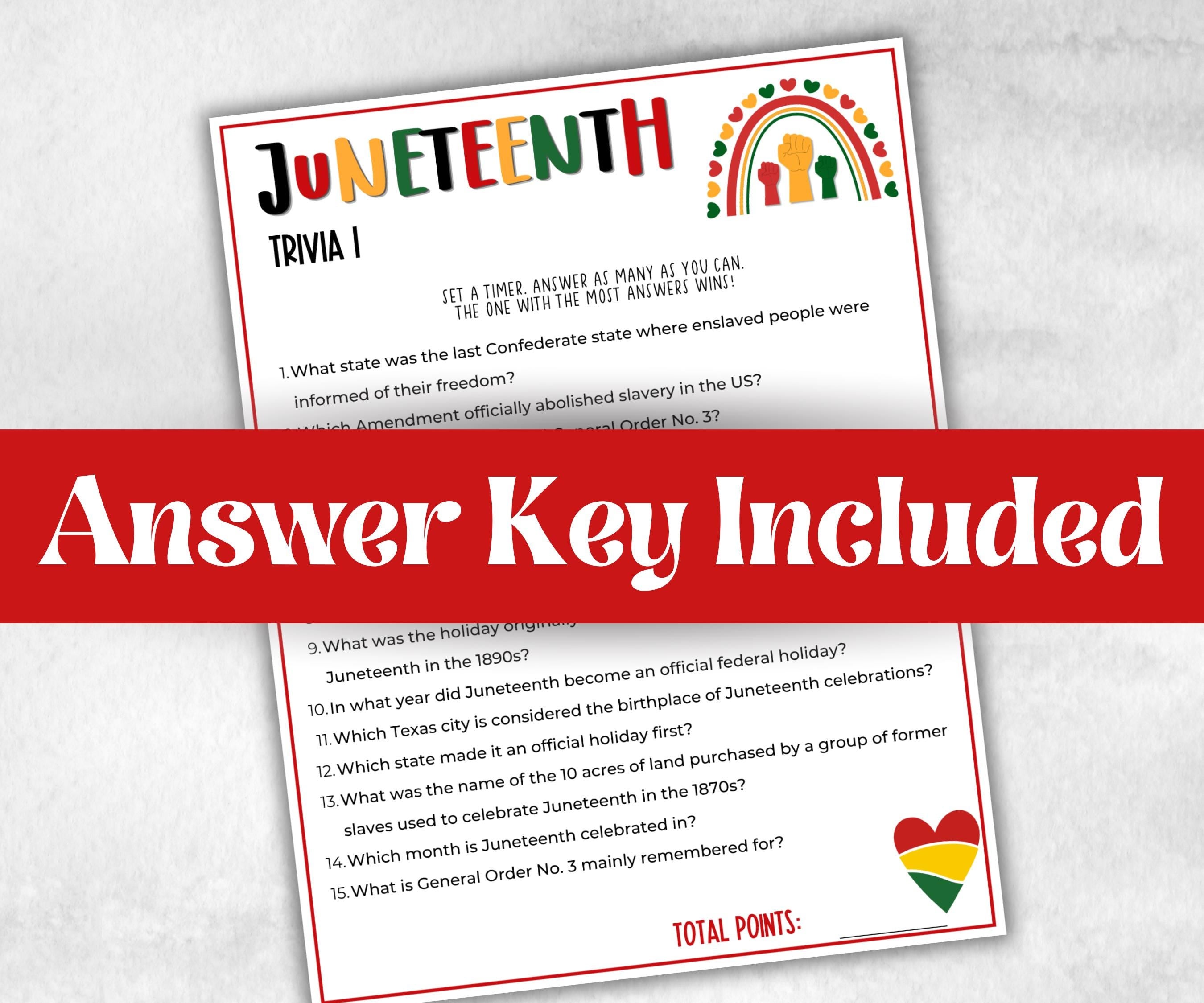 Printable Juneteenth Trivia, kids educational game, african american, trivia game night, black history, black culture celebration, classroom