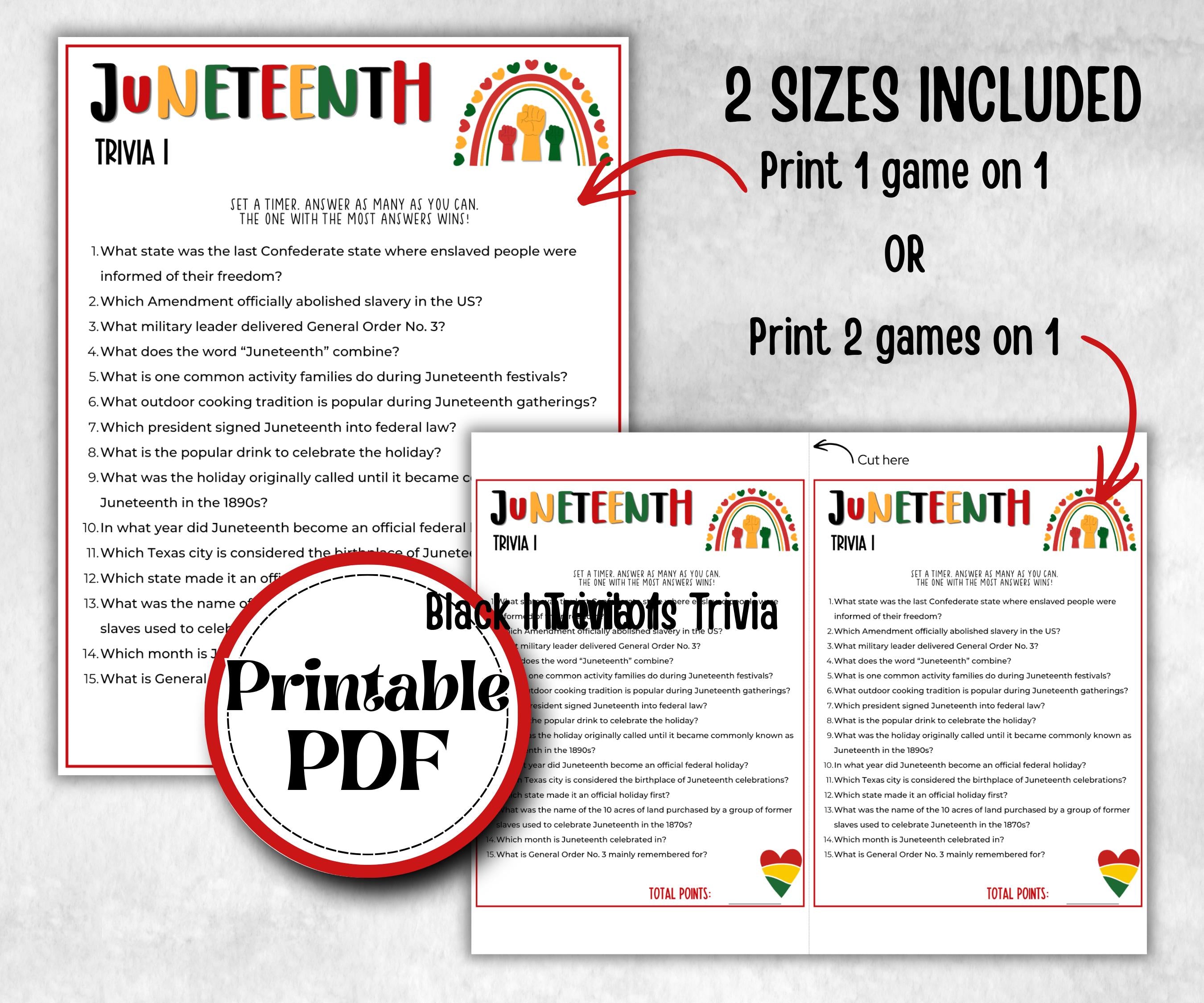 Printable Juneteenth Trivia, kids educational game, african american, trivia game night, black history, black culture celebration, classroom