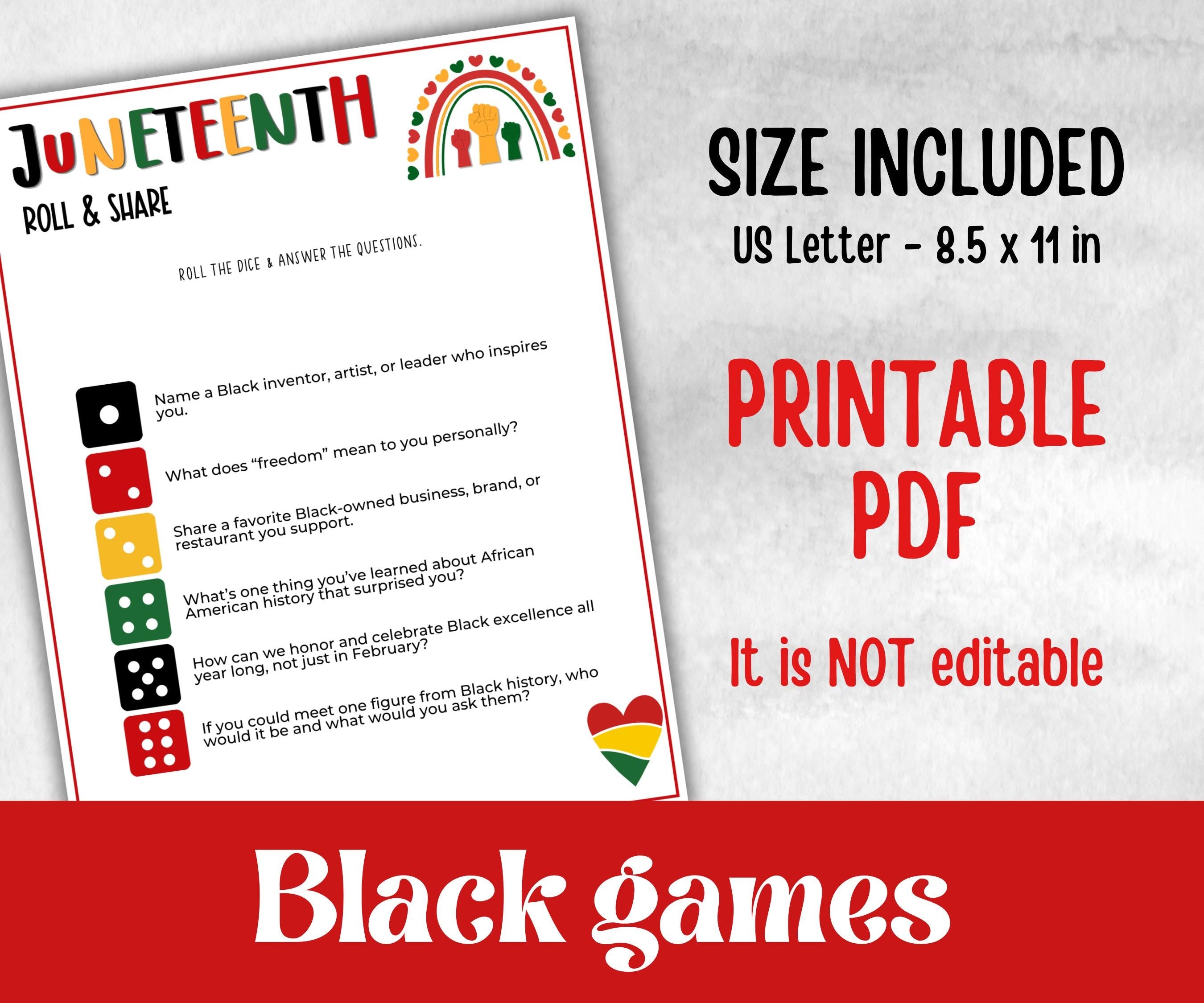 Juneteenth Roll and Share, african american kid party, conversation dice, family game night, black culture celebration, black family reunion