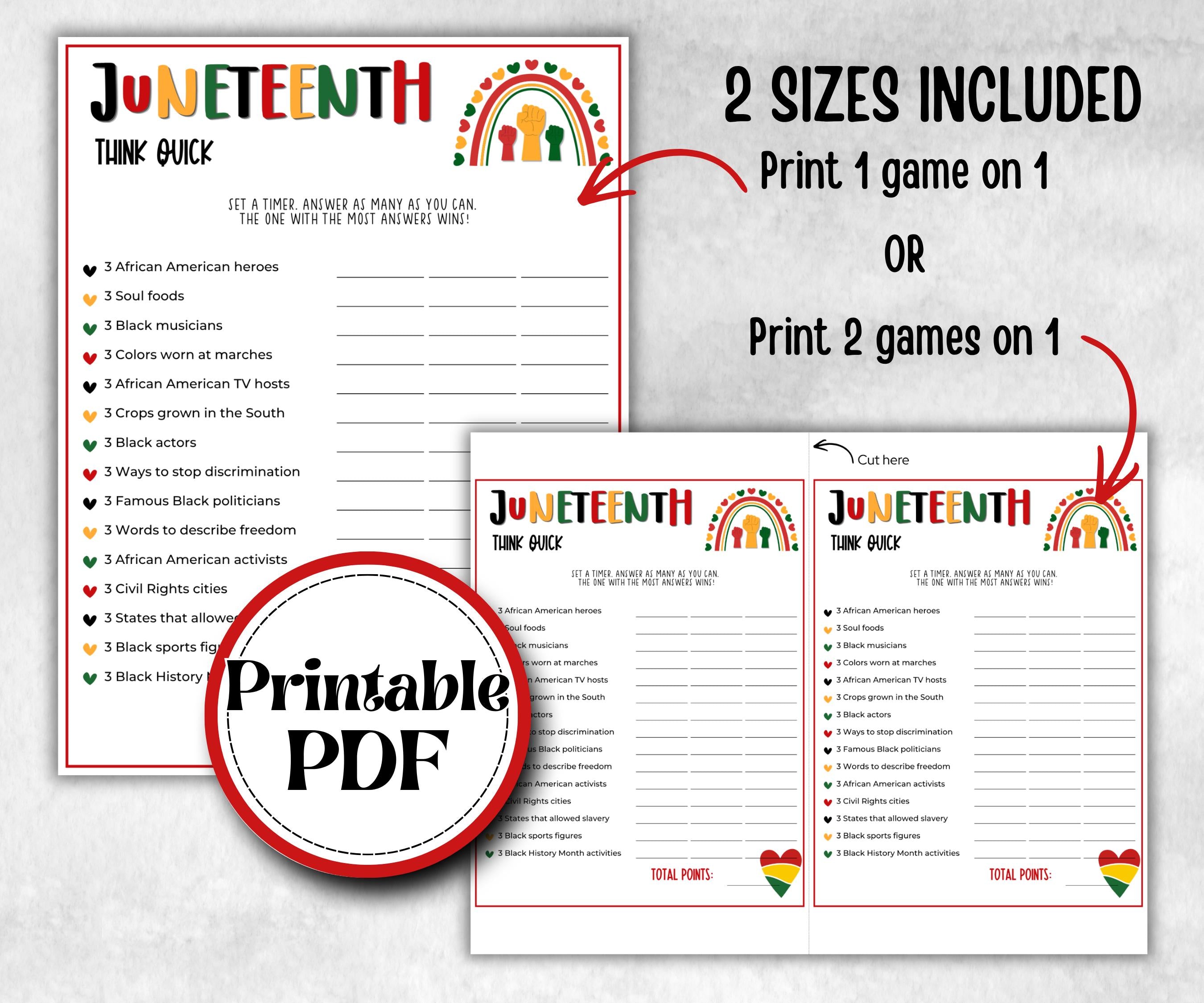 Juneteenth Think Quick, kid party game, african american family game night, black history, black culture celebration, black family reunion