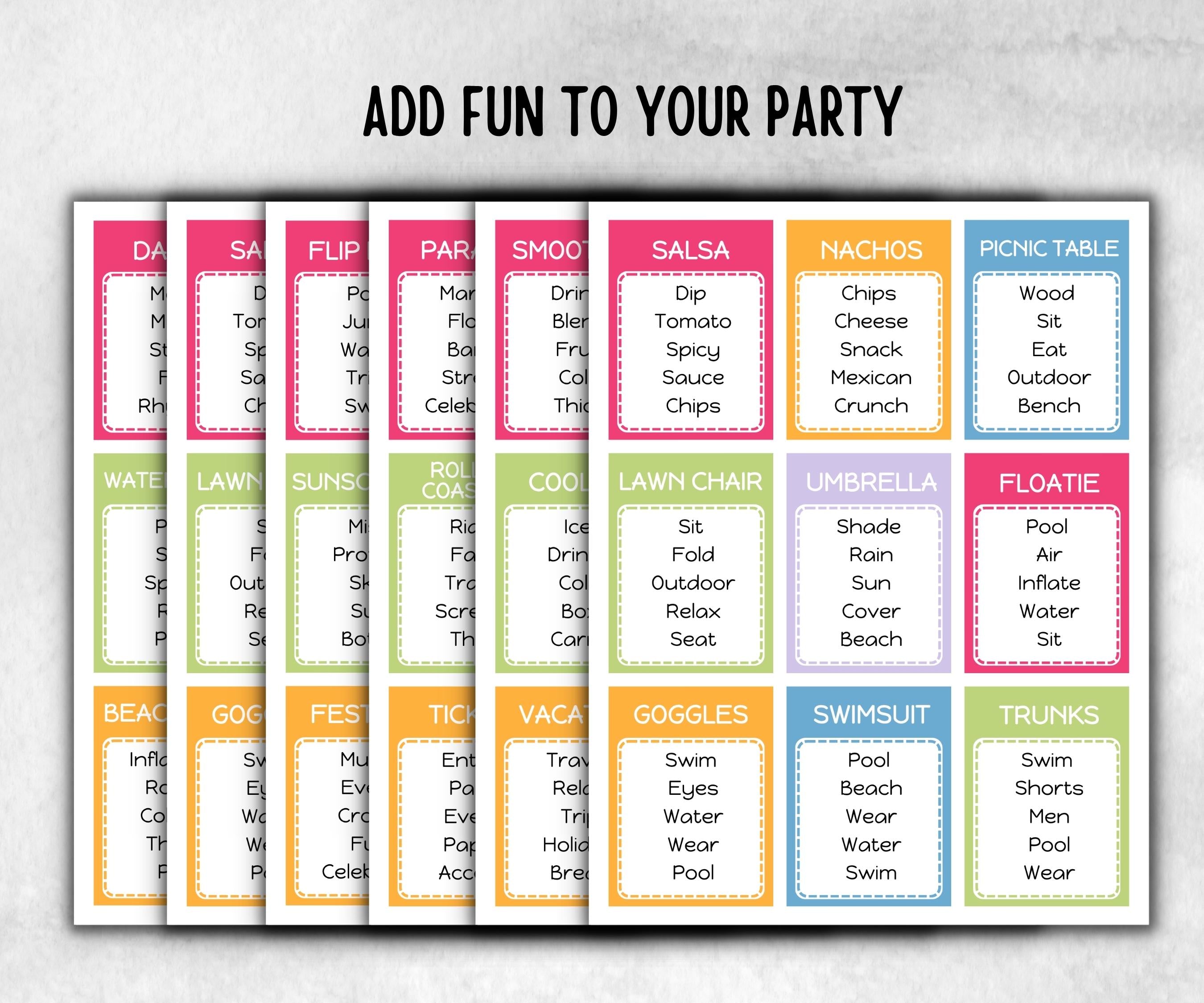 Summer Forbidden Words, Family Game Night, Dont say It, Ice breaker, beach party, breakfast, Road Trips, sunday school, pool party, BBQ game