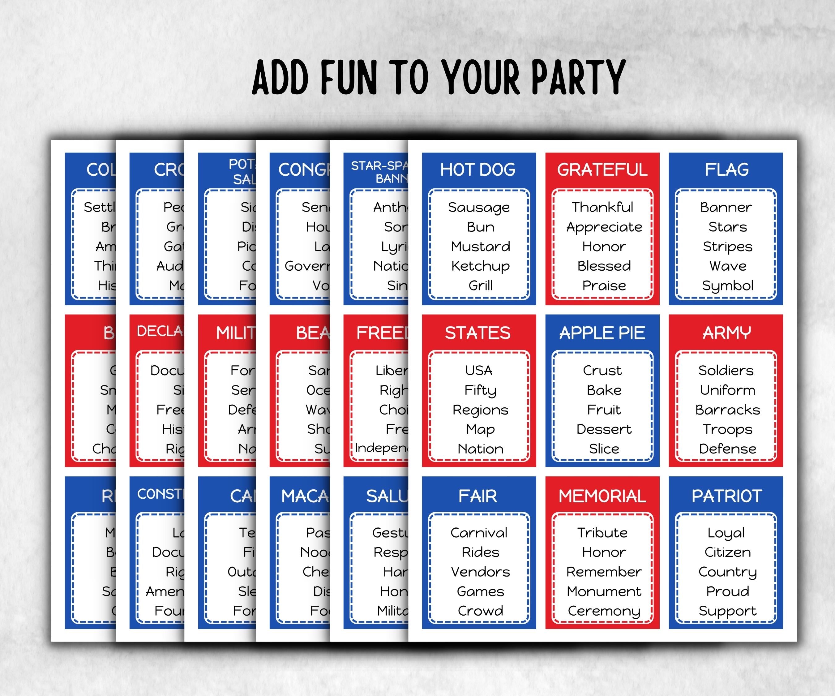 4th of July Forbidden Words, Kindergarten esl, America Word Ban, Homeschool Activity, Independence Day Trivia, Patriotic Game Summer BBQ